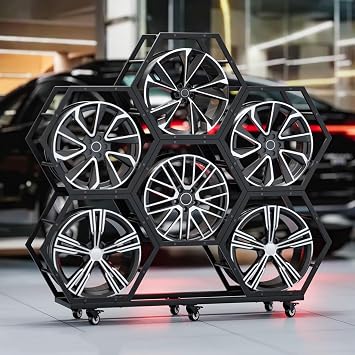360 Rolling Car Rims Tire Display Stand, 6 Rims Holder, Heavy Duty Steel Hexagon Frame Car Tire Rims Storage Shelf for Exhibition, Shop, Garage, Mobile Wheels with Brakes