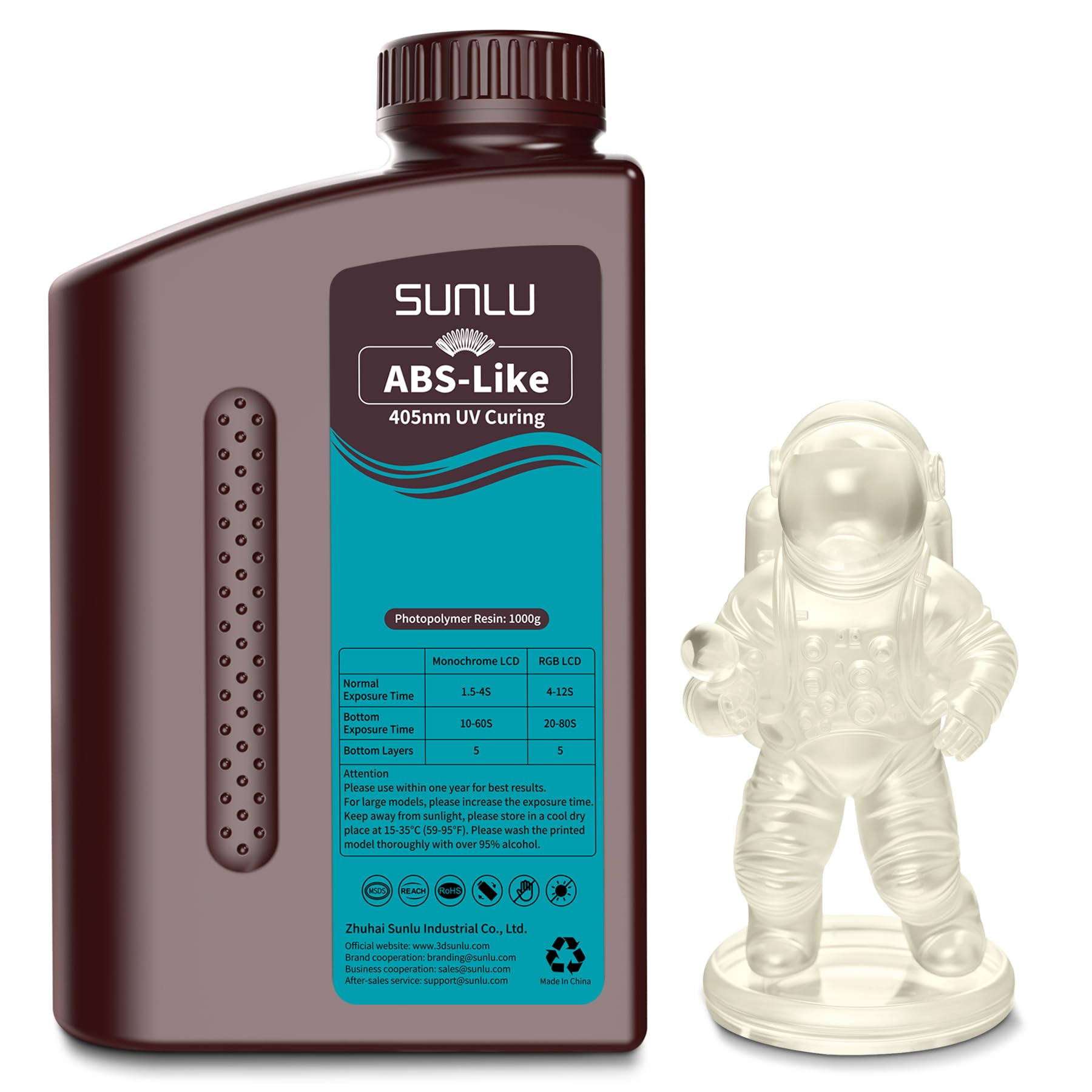 SUNLUABS Like Resin 1000g, Strong Fast Curing 3D Printer Resin, 395 to 405nm UV Curing 3D Printing Liquid Photopolymer Resin, Non-Brittle and High Precision, 1kg, Clear