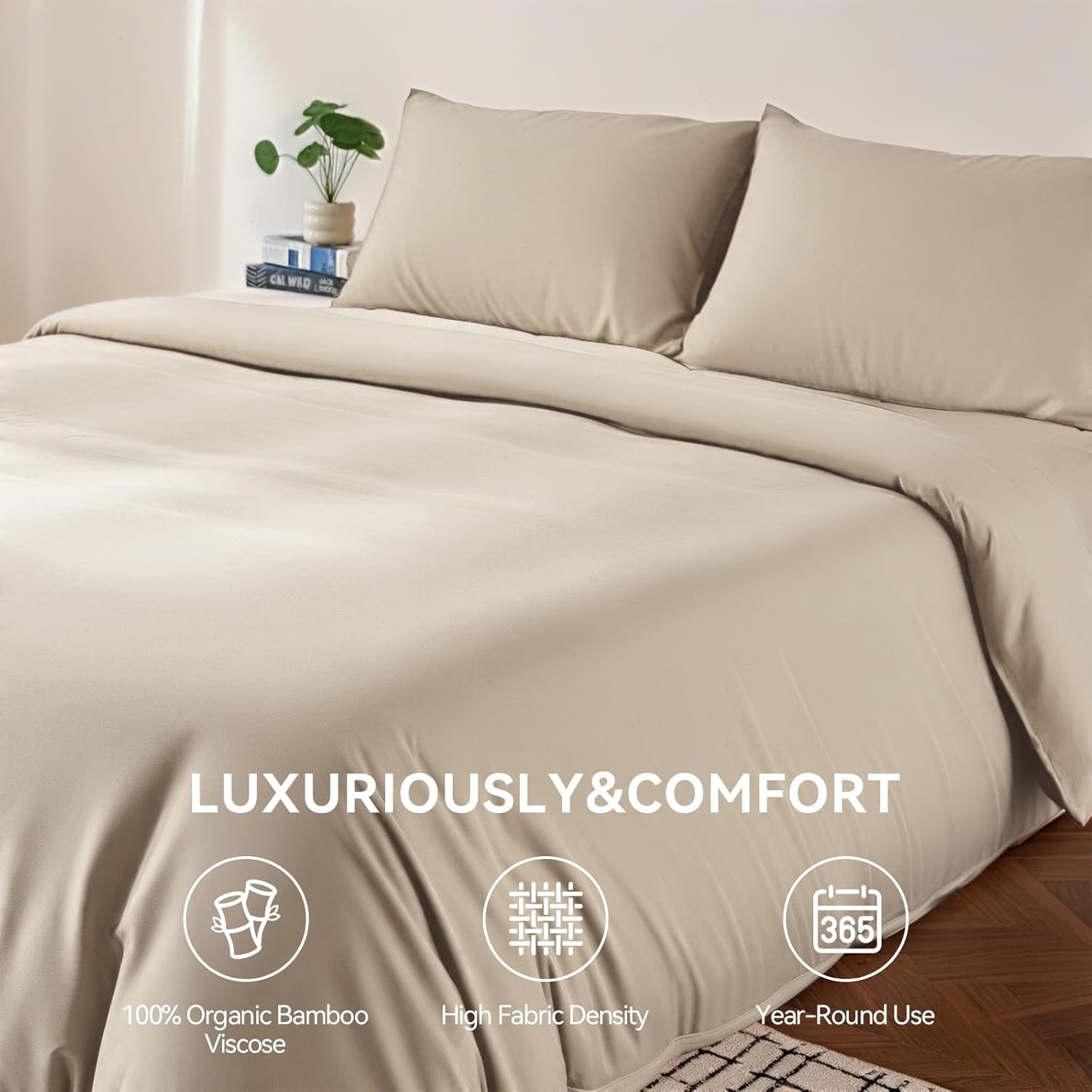 Queen Duvet Cover Set 3 Pieces, 100% Organic Viscose derived from Bamboo, Luxuriously Soft & Cooling, 1 Duvet Cover and 2 Pillowcases, 90" x 90"(Queen, Oat Milk)