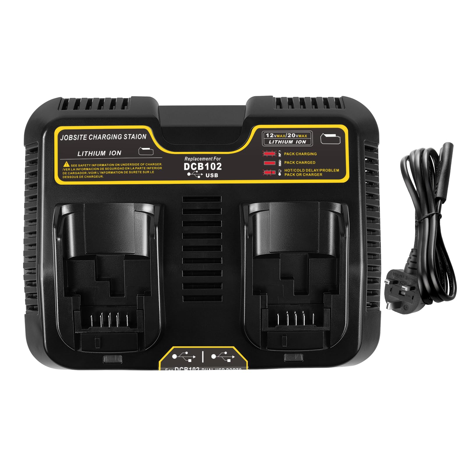 ARyee 3.0A Dual Ports Fast Charger for Dewalt 12V-20V Battery, Replacement Charger Compatible with Dewalt DCB Series Tools Lithium Battery DCB102 DCB120 DCB121, with 2 USB Ports