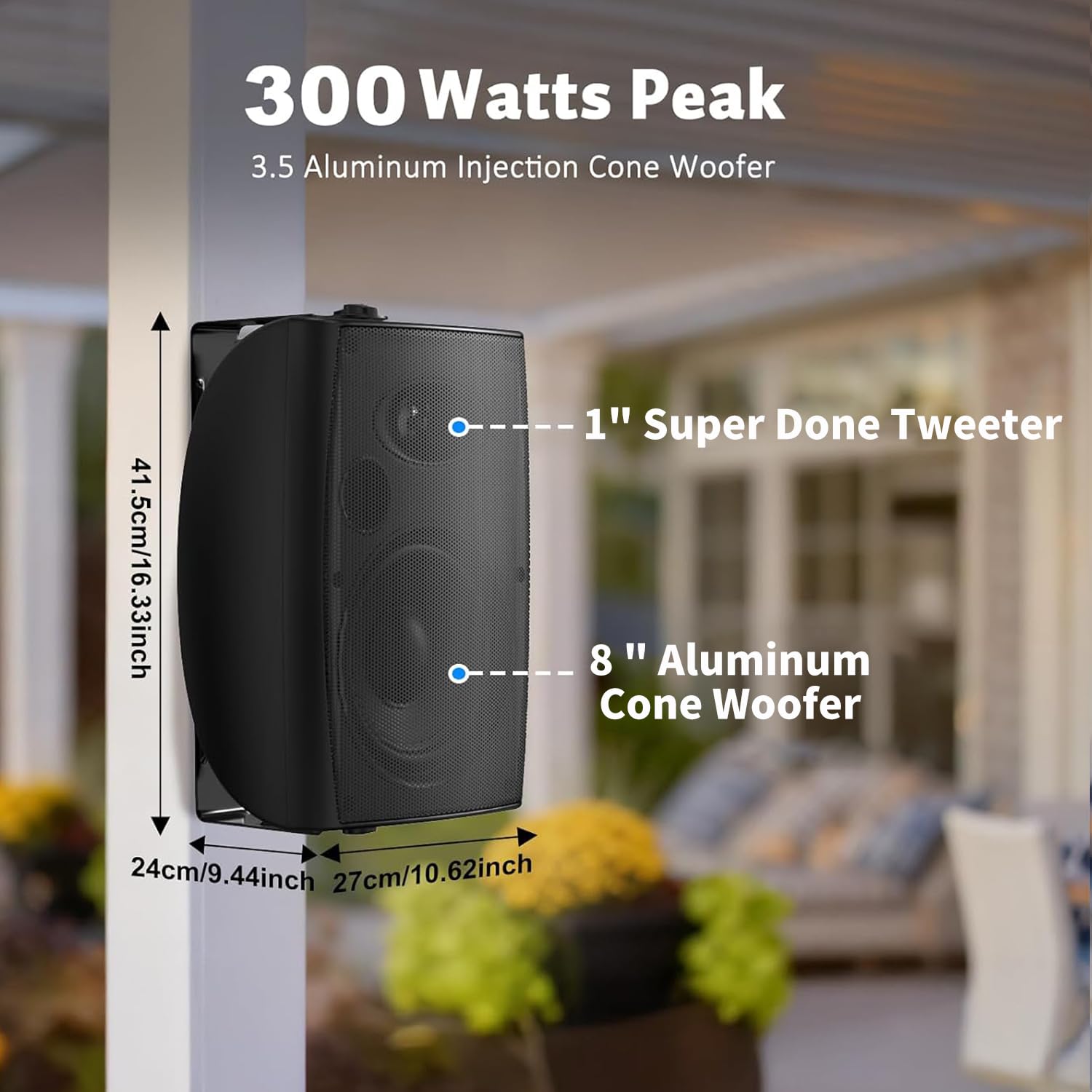 STUDIOFINIX 8-Zoll 600W Outdoor-Bluetooth-Lautsprecher, wasserdicht/kabelgebunden, wandmontierbar für Terrassen, Häuser, Poolbereiche, Decks, Hinterhöfe (Paar, schwarz)