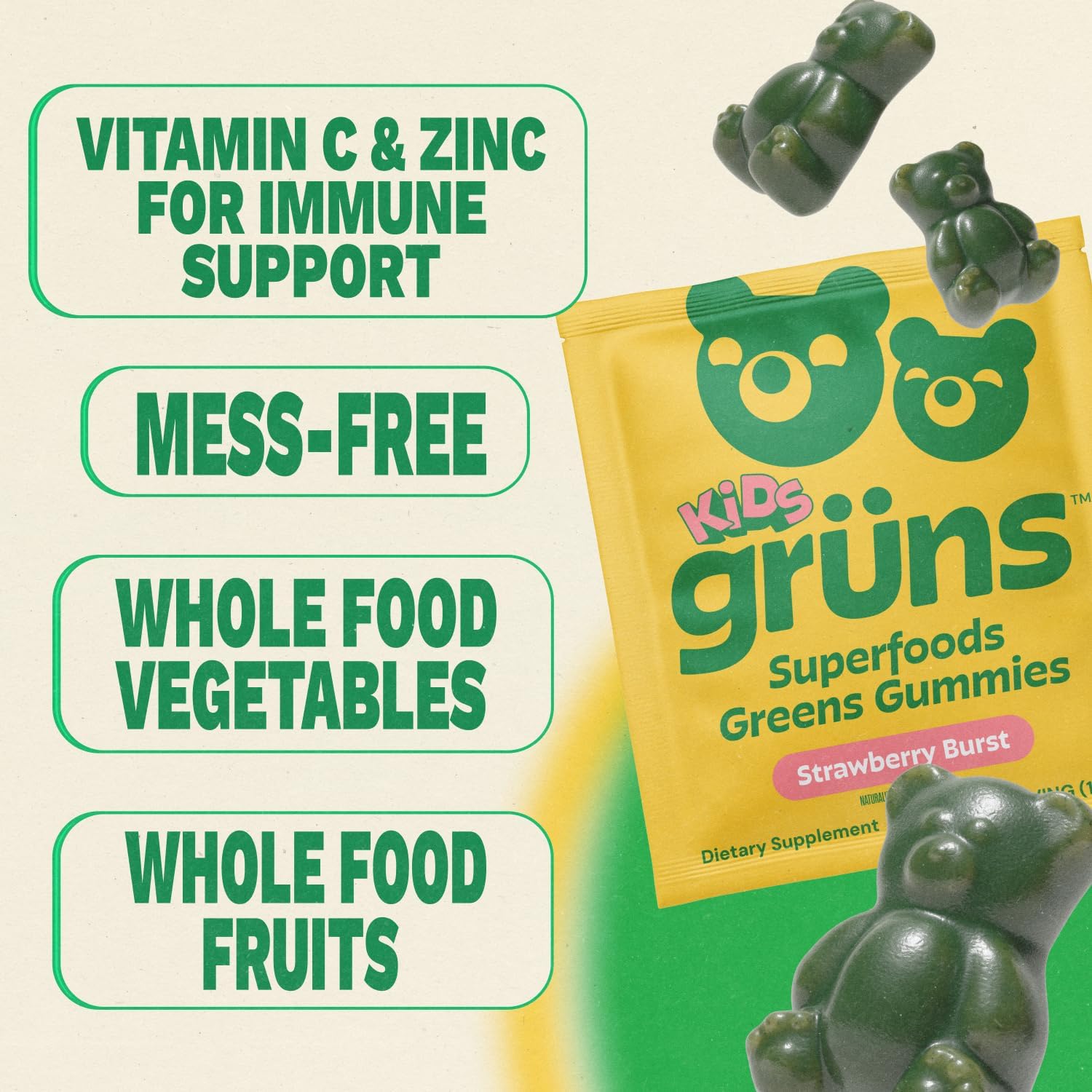 Gruns Multivitamin for Kids, Super Greens Gummies, Superfood Gummy Bears with 20+ Vitamins & Minerals, Spirulina, Chlorella, Alfalfa, Prebiotics Fiber for Digestive Health, Adaptogens Supplement, 28ct - Image 5