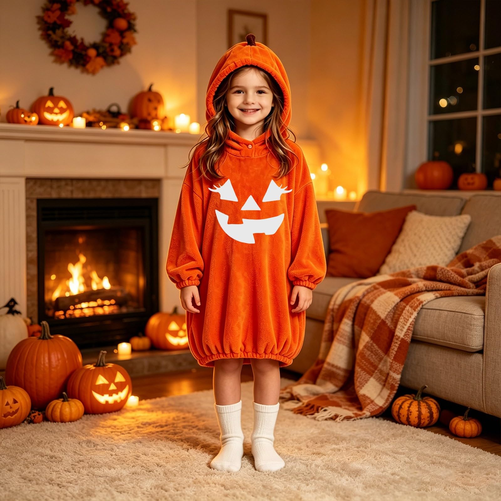 Túnica larga con capucha para niñas con diseño de calabaza y Halloween