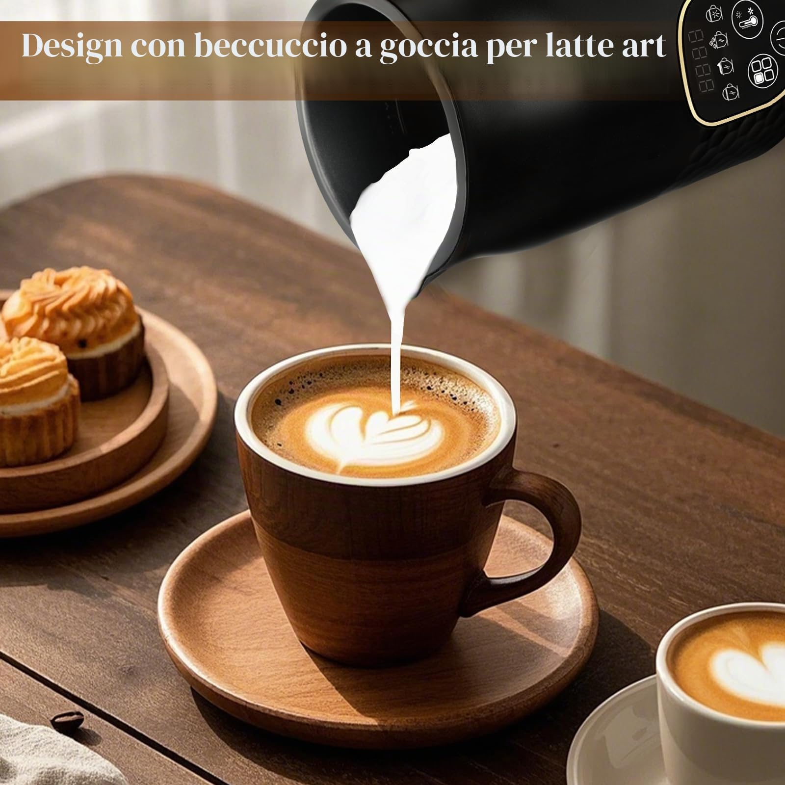 Montalatte elettrico 4 in 1 cioccolata calda con controllo temperatura, schiuma calda e fredda con 2 fruste per cappuccino, latte