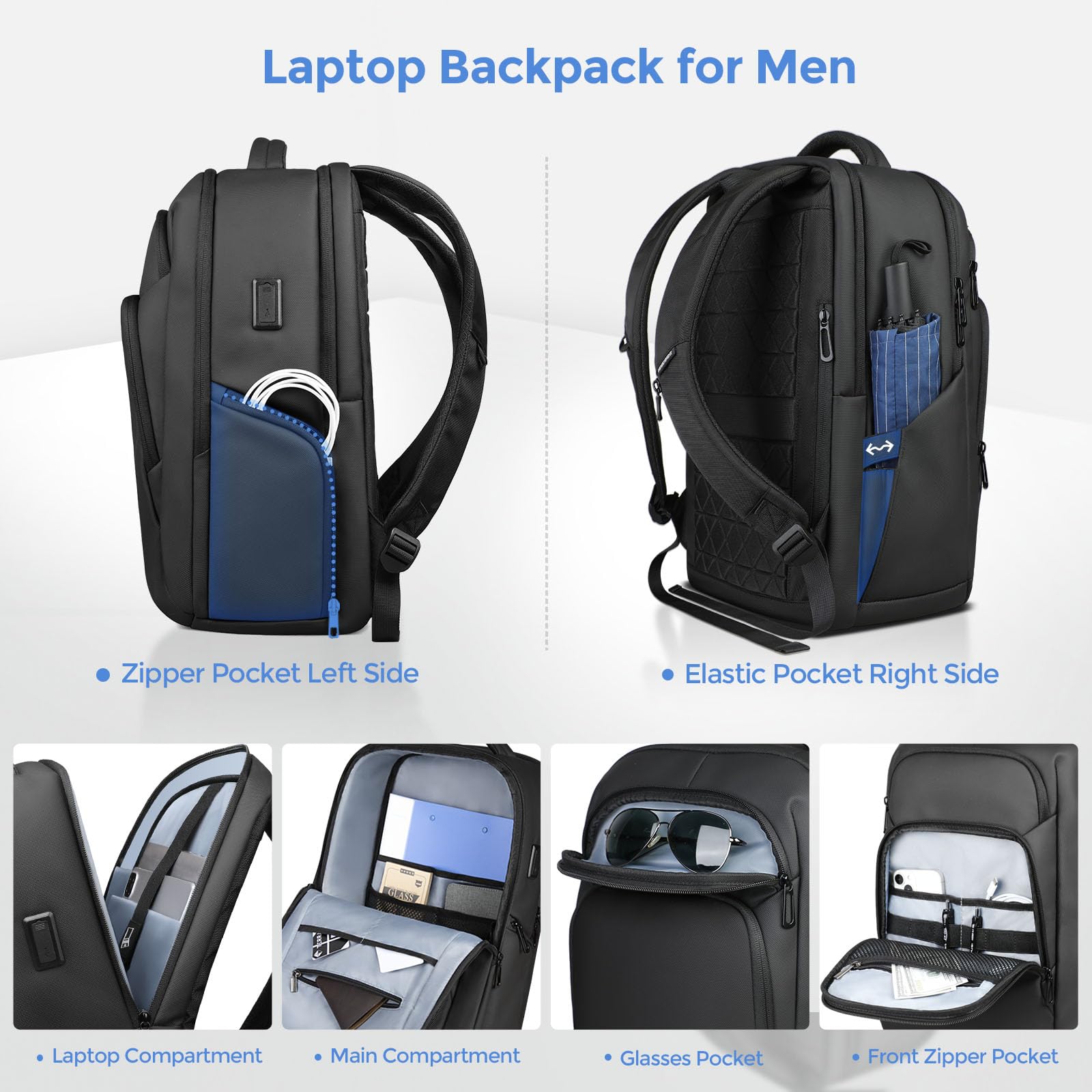 Mochila Hombre para Portatil Ordenador 17,3 Pulgadas con USB-C y USB-A Gran Capacidad 24-28L Resistante al Agua, Antirrobo, Ligera para Oficina Trabajo Universidad Diario y Viaje-Negro