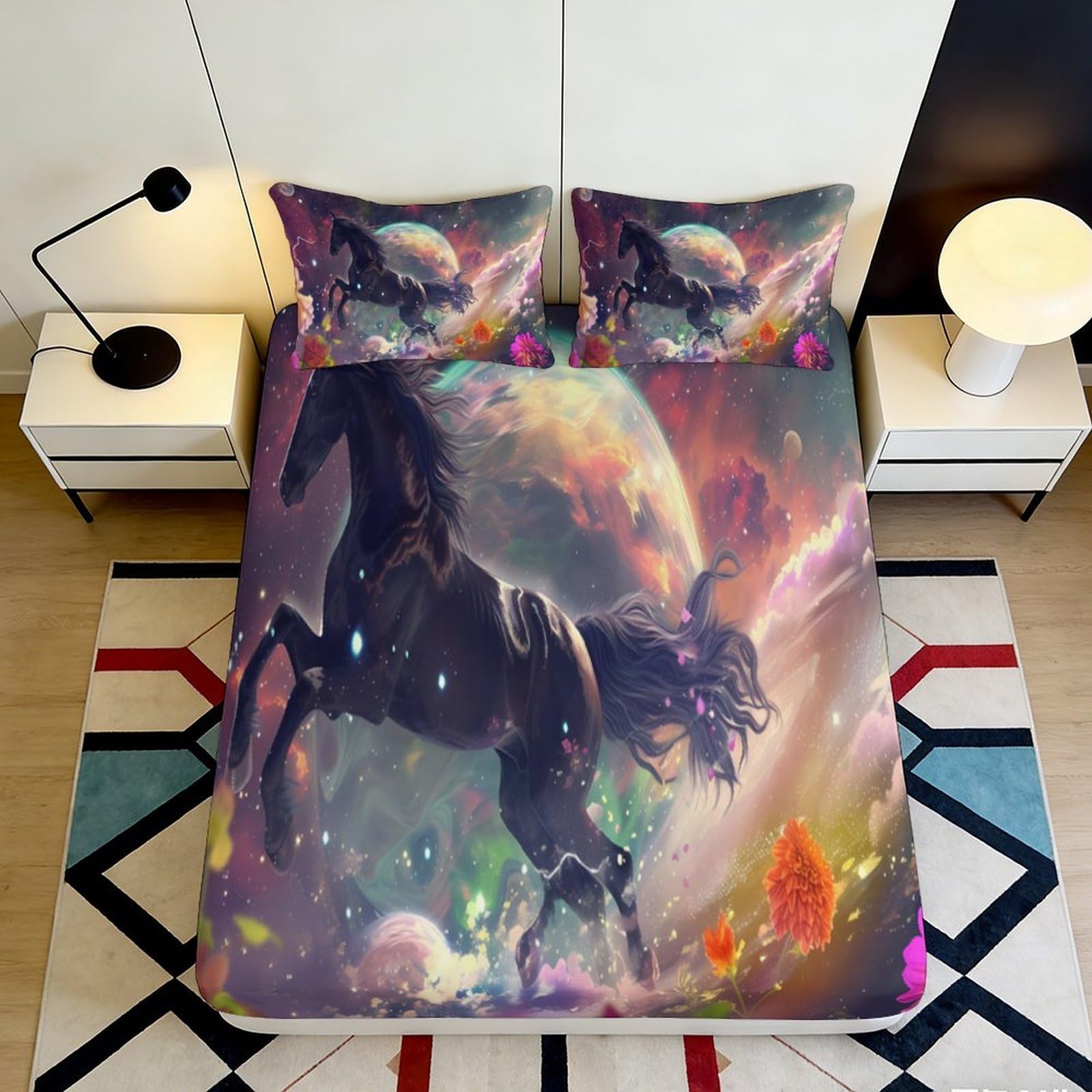 3D Printed Cosmic Galaxy Fitted Sheet Microfiber Black Horse Nebula Mattress Cover Non-Slip Washable Bed Decor for Bedroom Dorm 90x200x25cm