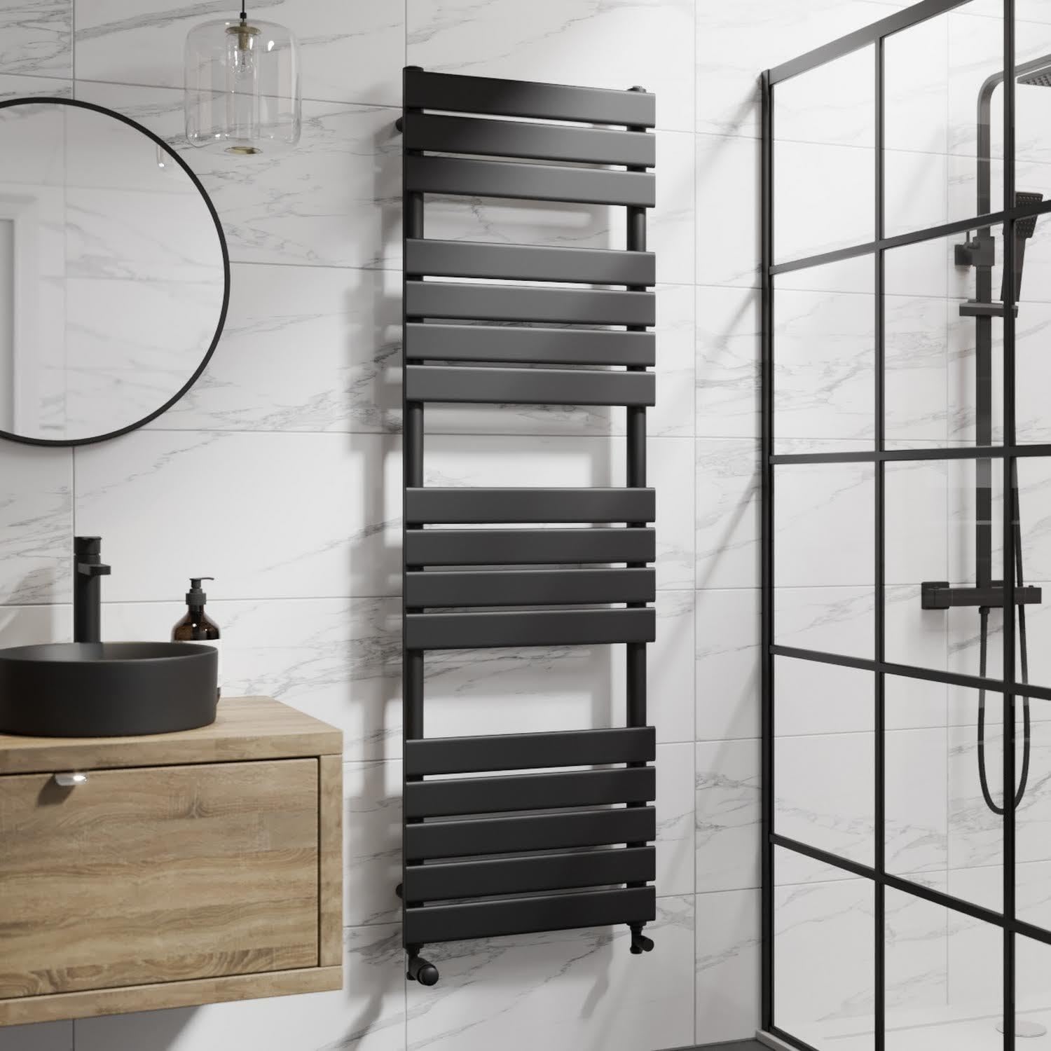 DuraTherm® 1600 x 500mm Flat Panel Heated Towel Rail Radiator Modern Central Heating Bathroom Warmer Wall Mounted Ladder Rad, Matt Black