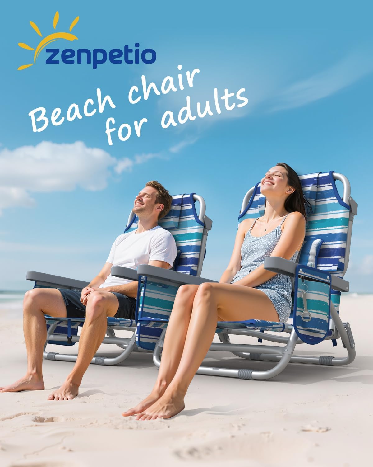 ZENPETIO Backpack Beach Chair Reclining with 5 Adjustable Positions, Built-in Cooler & Backpack Straps - Portable Folding Beach Chairs for Adults, 2-Pack (Nautical Blue)