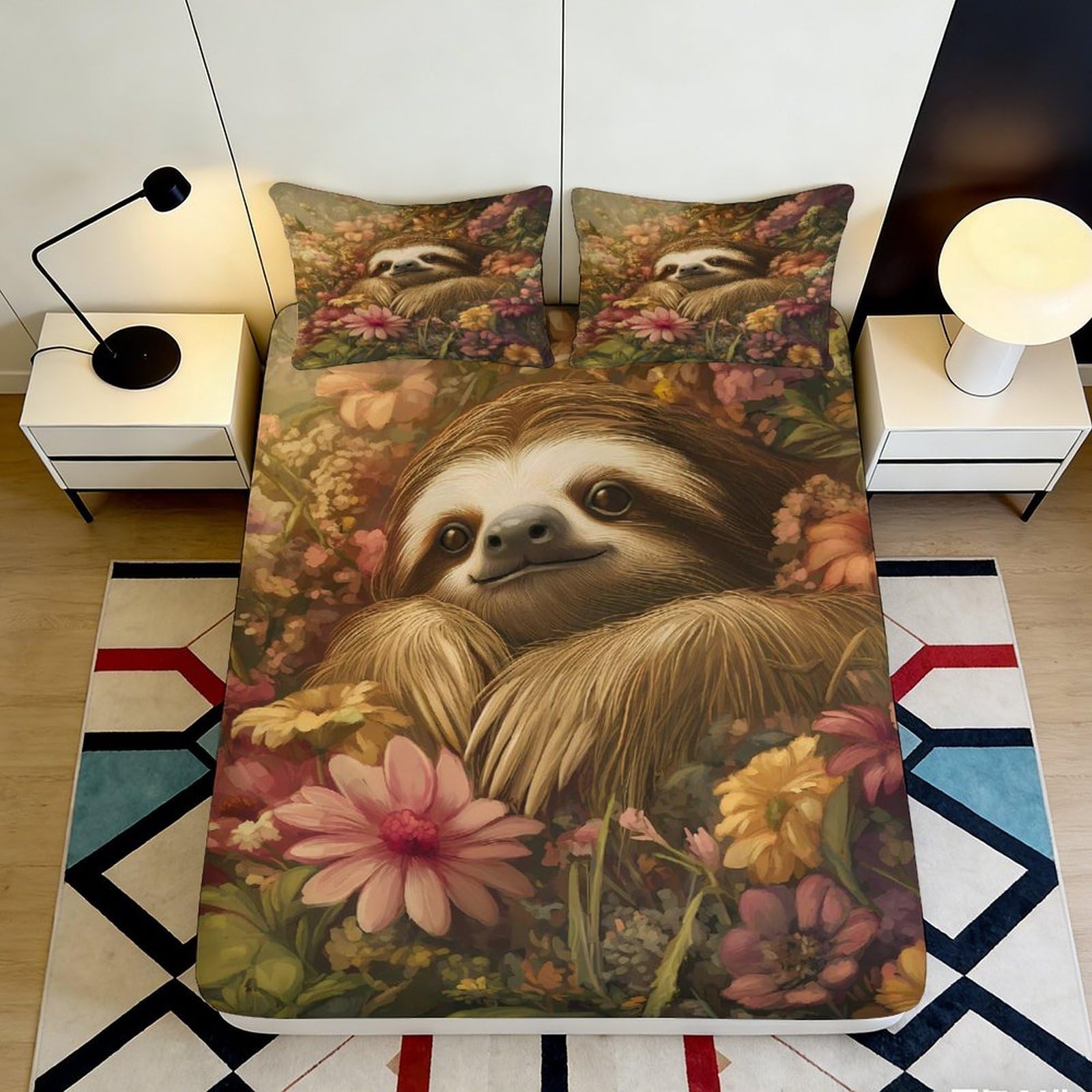 3D Printed Sloth Floral Fitted Sheet Microfiber Soft Non-slip Bed Cover for Bedroom Dorm Room Decor 180x200x25cm