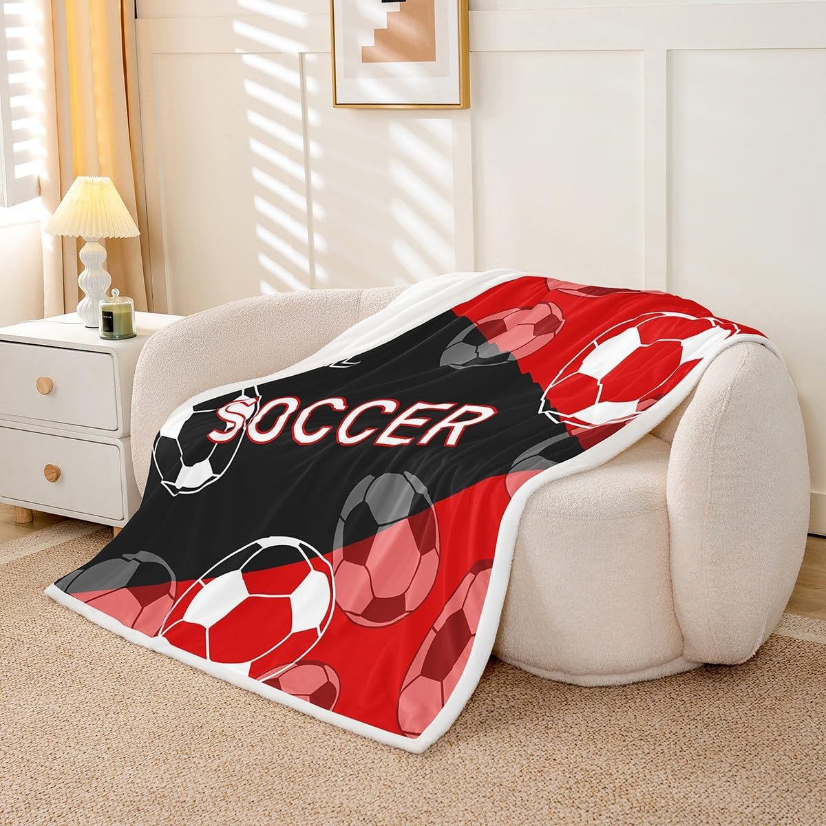 jejeloiu Football Sherpa Blanket Soccer Ball Sports Fleece Throw Blanket for Kids Boys Girls Ball Game Plush Blanket Red Football Print Fuzzy Blanket for Sofa Bed Couch,Twin 60x80 Inches