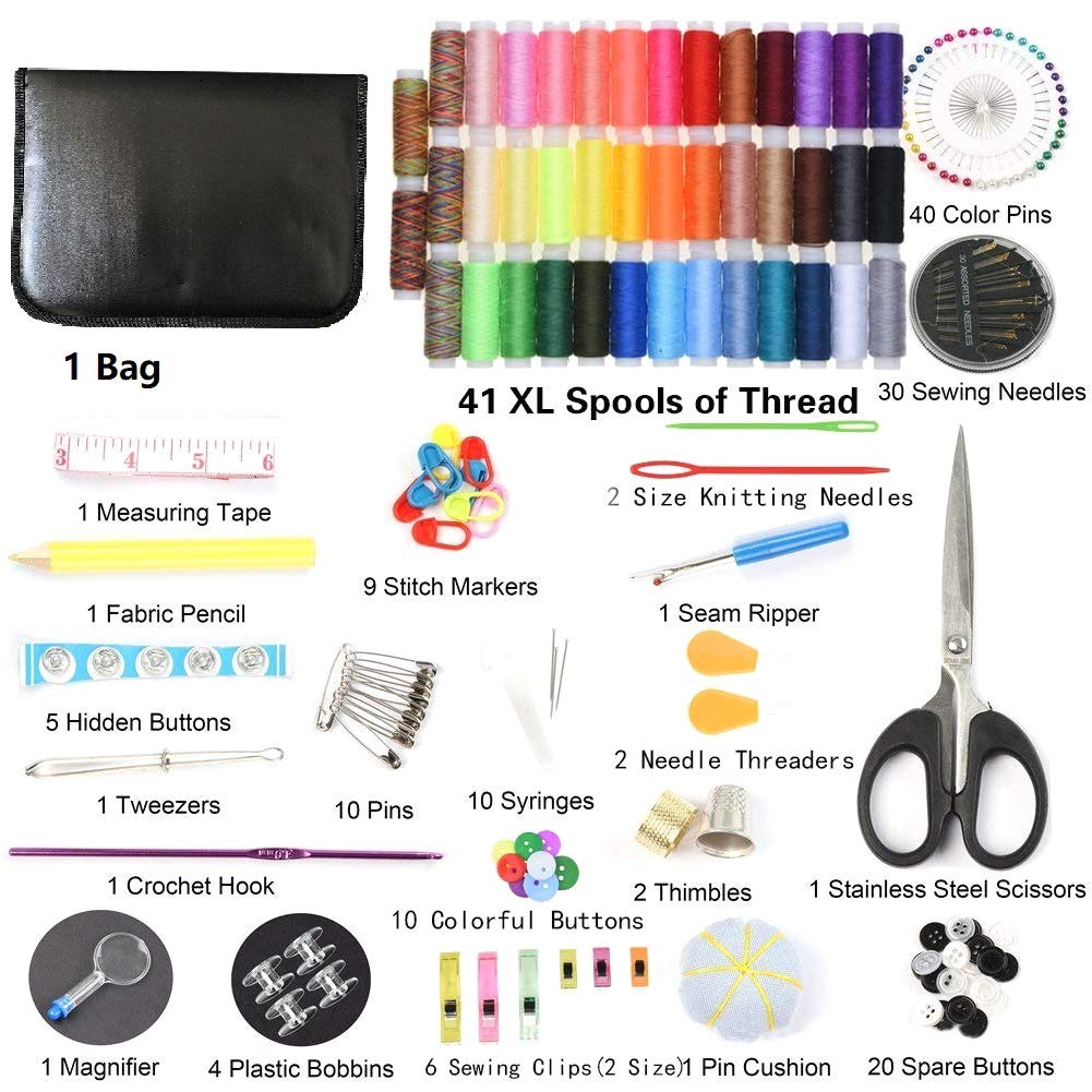 Kit de costura portátil con 41 carretes de hilo XL, 30 agujas surtidas y 200 piezas de suministros de costura premium para el hogar, viajes y manualidades, kit de hilo de coser con estuche