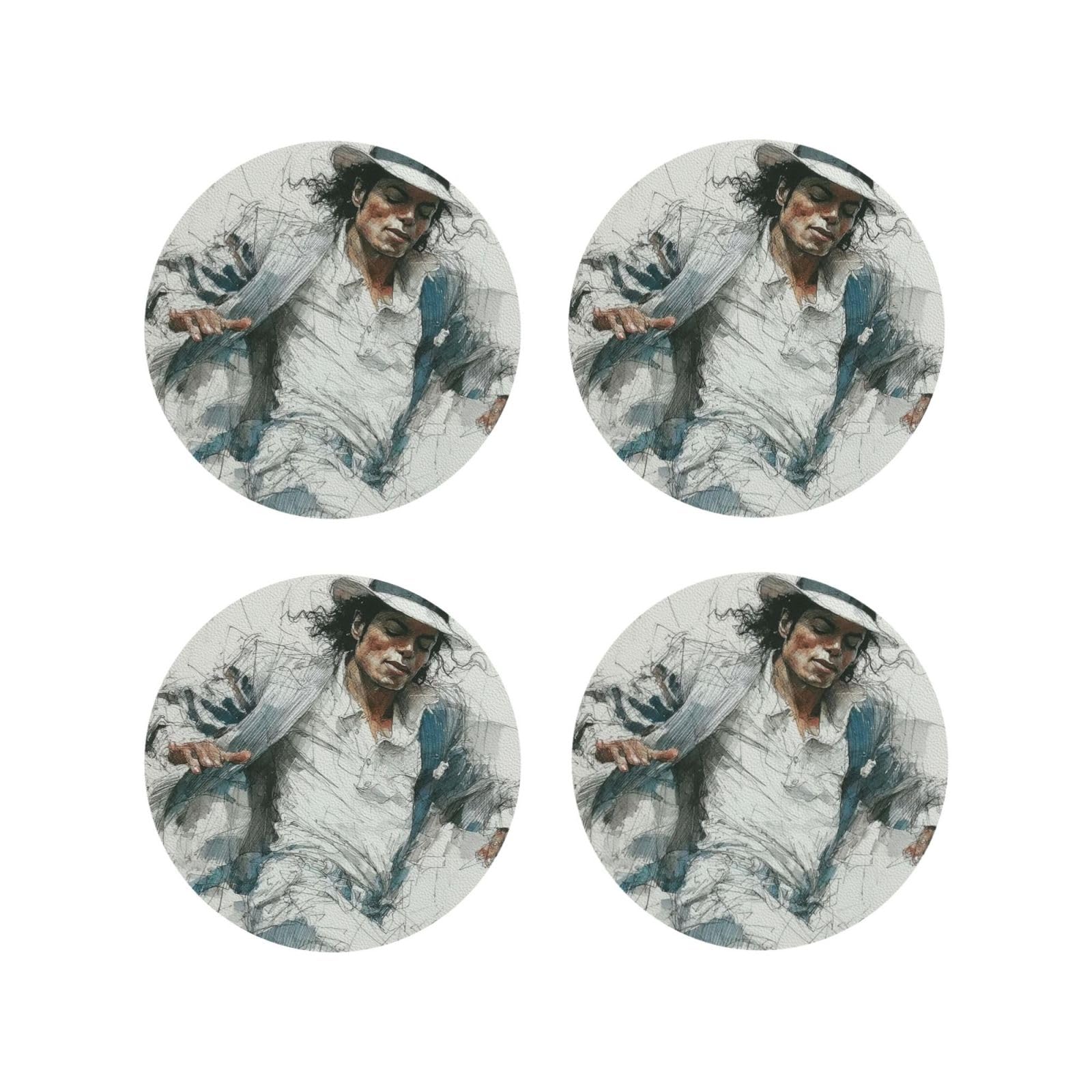 Coasters Set of 4 Round Leather Coaster Quick-Dry Drink Michael Jackson Coasters for Desk Absorbent Mugs Pads Tabletop Protection Pad Heat Resistant Coffee Cup Mat for Kitchen Bar