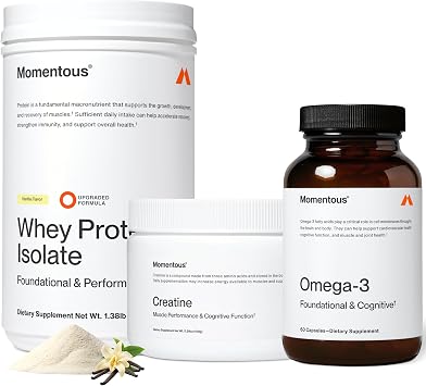 Momentous Three - Creatine Monohydrate Powder 30 Servings, Grass-Fed Whey Protein Powder Vanilla & Omega-3 Fish Oil 1600mg - Daily Essentials for Strength, Performance & Lean Muscle Recovery