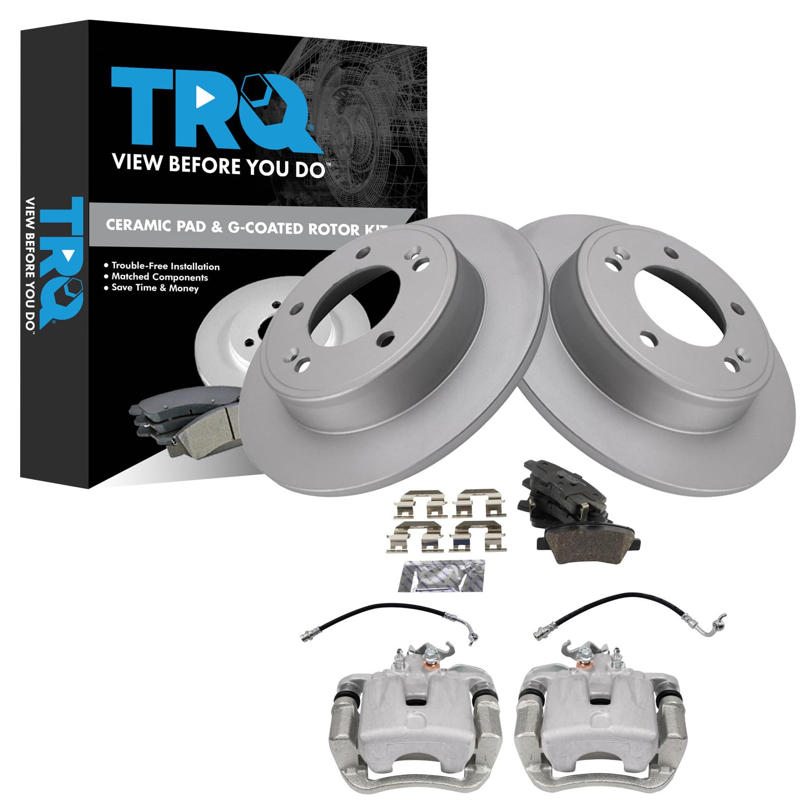 TRQ Rear Brake Pad and Rotor Set Ceramic G Coated Rotors Calipers Hoses Compatible with 2017-2018 Kia Soul