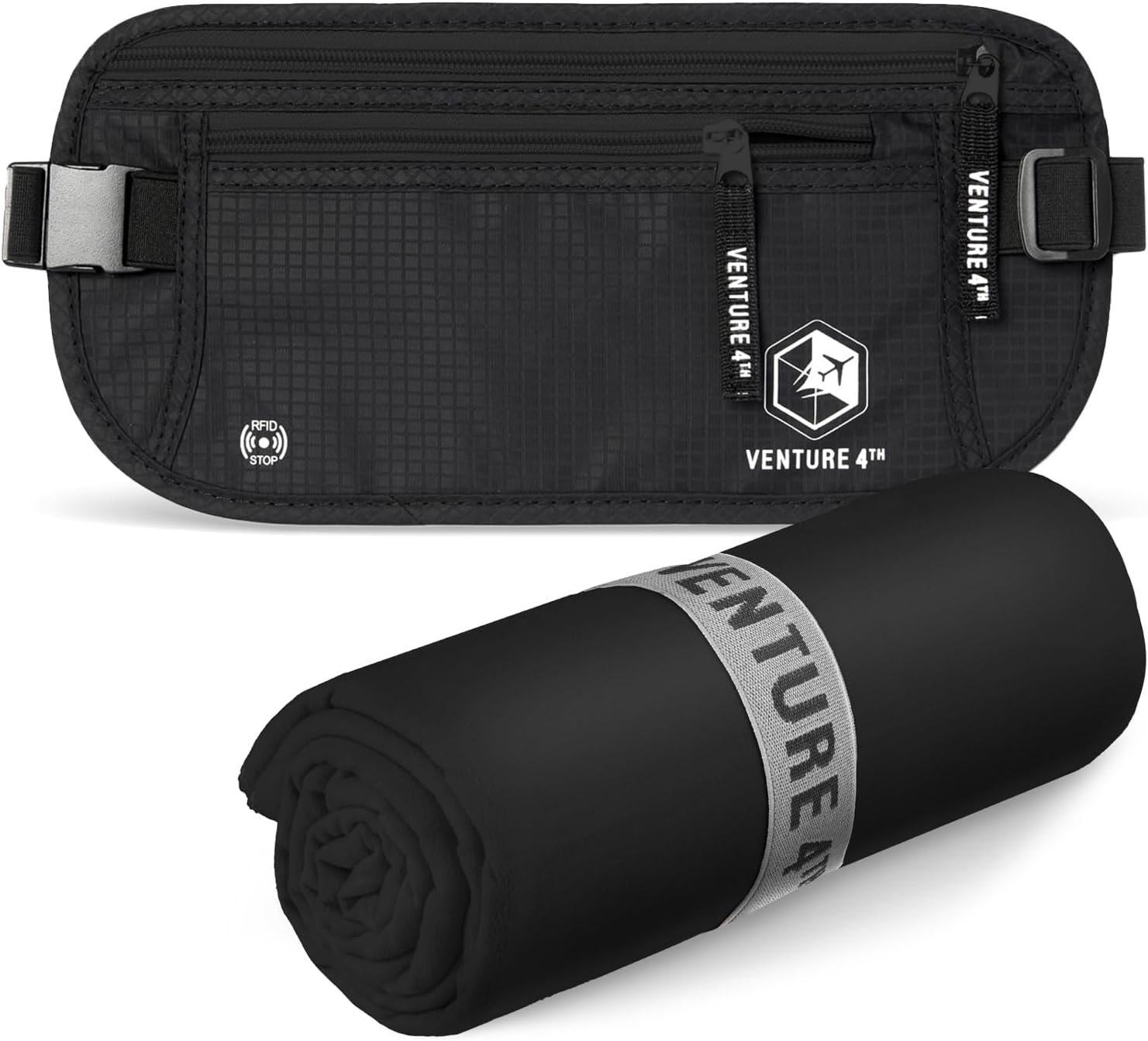 VENTURE 4TH Travel Money Belt & Quick Dry Towel Set - Ideal Travel Bundle for Vacations, Backpacking and Business Trips - Travel Towel Size XL