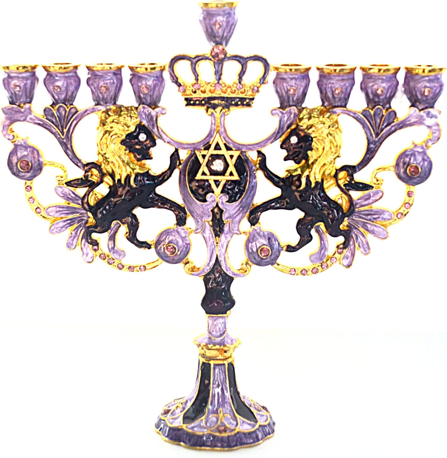 CohenTsemach Art&Gift Purple Hanukkah Menorah Enamel Lions Star of David Israel