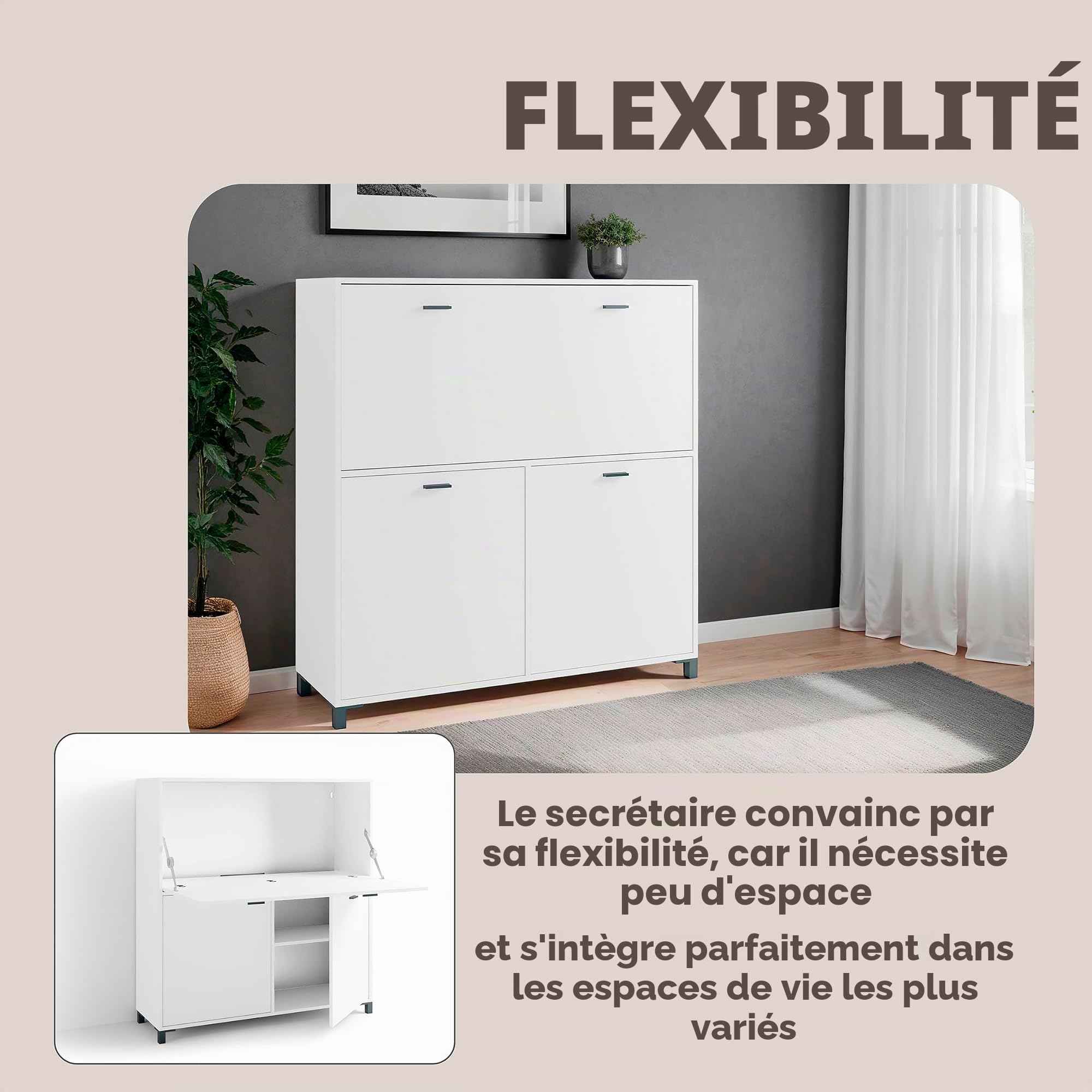 byLIVING Secrétaire Montana/Secrétaire Blanc Mat/Armoire de Bureau avec 1 Rabat et 2 Portes/poignées Noires/L 120, H 127, P 40 cm