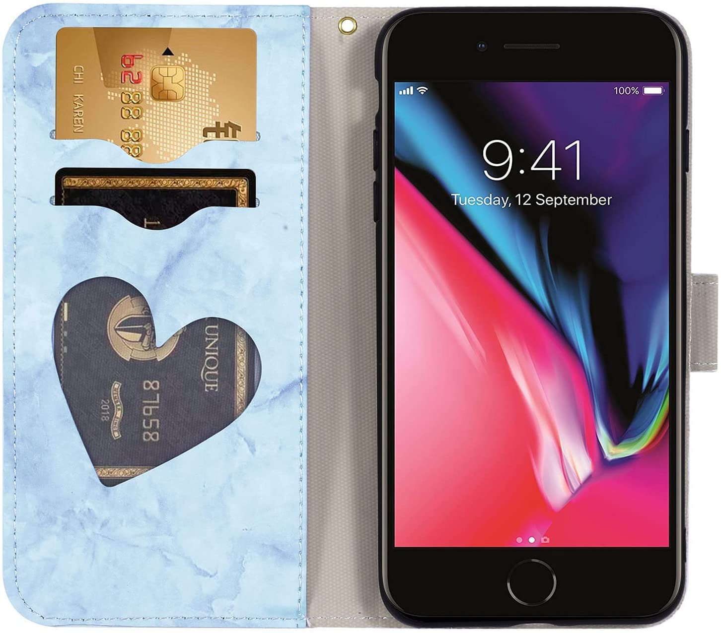 Norn - Cover per iPhone XR Flip Wallet Cover,motivo floreale a forma di cuore, in pelle a portafoglio in PU magnetico con antiurto, funzione stand, slot per carte, rosa
