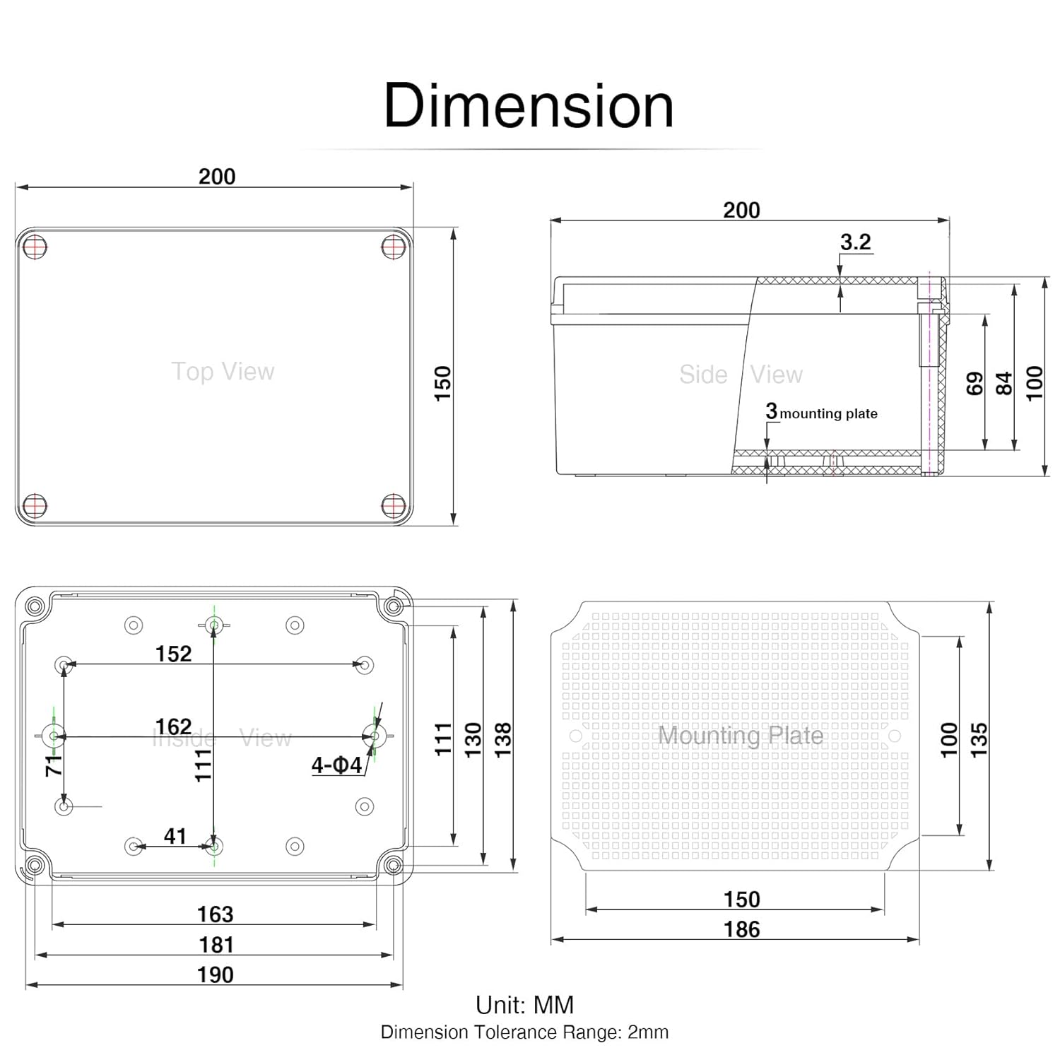 QILIPSU Junction Box with Mounting Plate 200x150x100mm, ABS Plastic DIY Electrical Project Case IP67 Waterproof Dustproof Enclosure Grey (7.9"x5.9"x3.9")