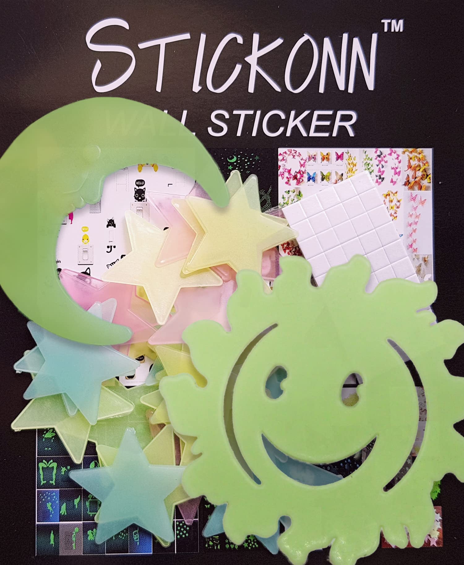 Stickonn PVC Multi Green Colour Fluorescent Glow In The Dark Star Wall Sticker (30 Stars And 1 Sun & 1 Moon, Size: 3.8X3.8 Cm)