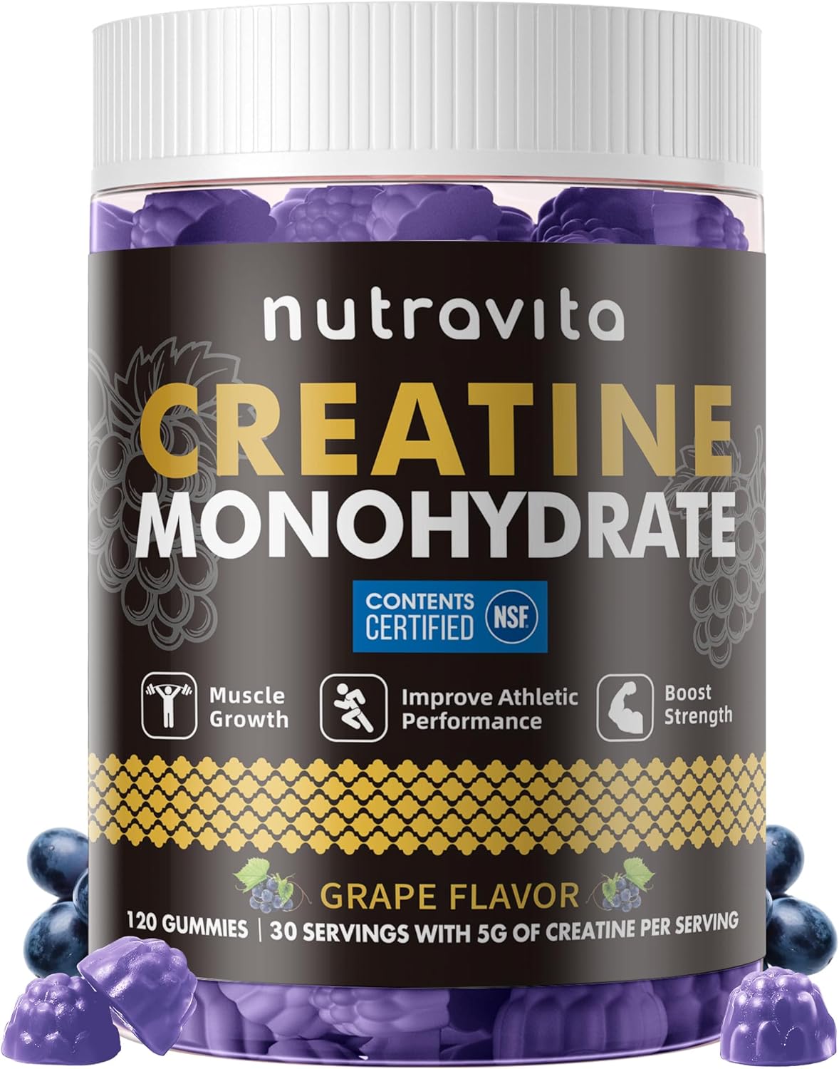 Nutravita Creatine Monohydrate Gummies for Men & Women-5g of Creatine Monohydrate per Serving - Sugar Free,Vegan, Grapes Flavor, 120 Count