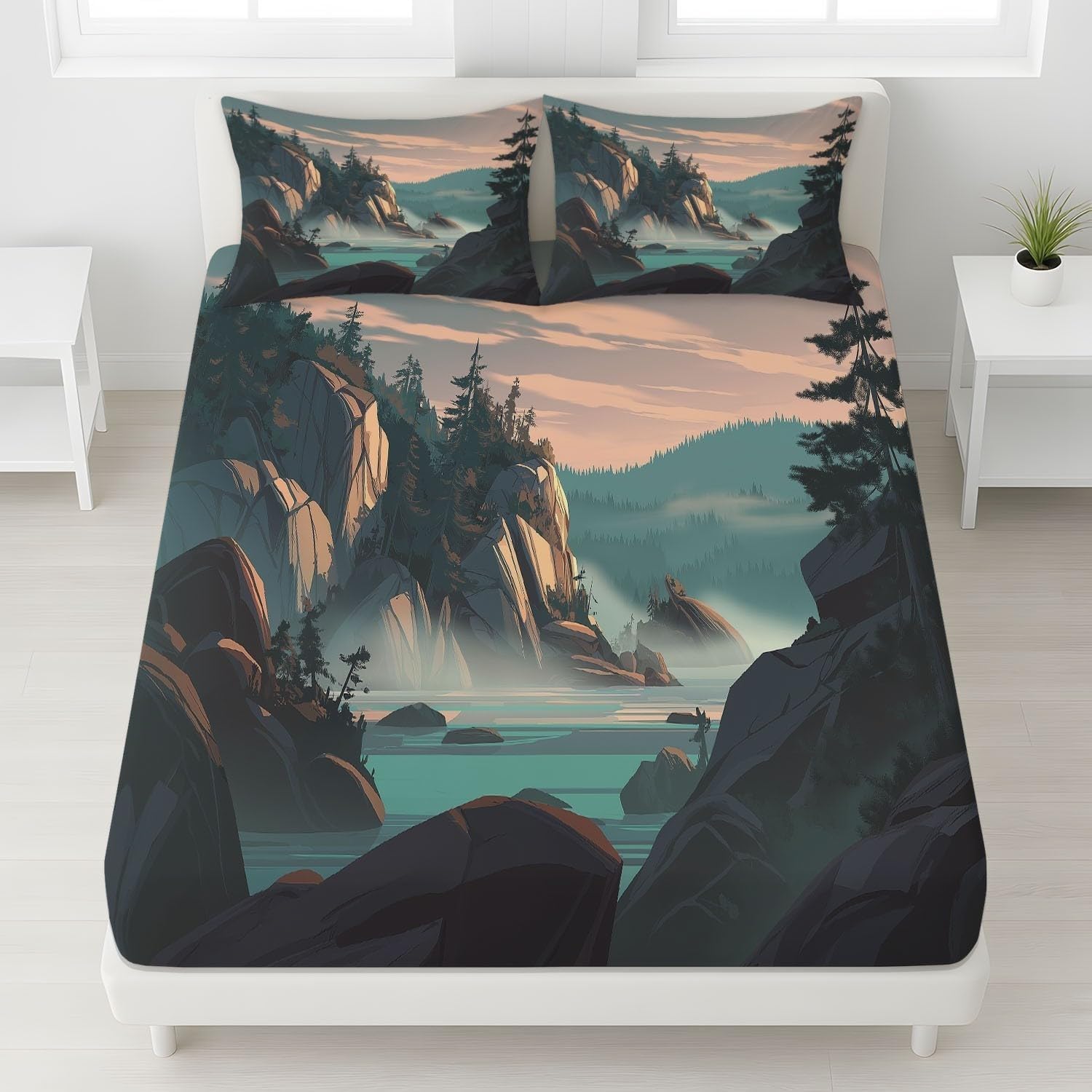 Mountain Double Fitted Sheet Landscapes Bed Sheets Deep Pocket 12 inch (30 cm) Soft Cozy 3 Piece Microfibre Bed Sheet 135x190 cm with 2 Pillowcases 50x75 cm