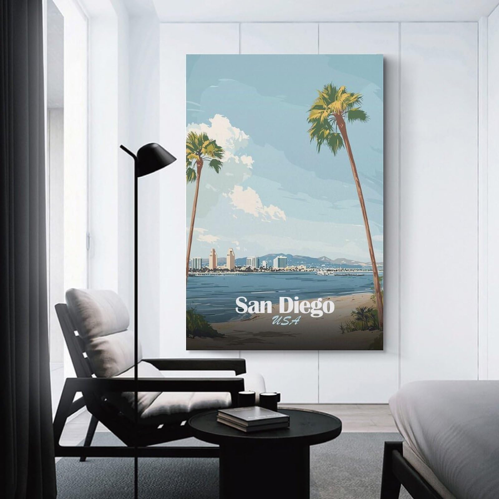 Junmoney San Diego Palm Tree Skyline Canvas Wall Picture, 08x12inch(20x30cm), for Wall Displays, Bedrooms Or Room Updates, Wall Decor Suited to Curated Displays