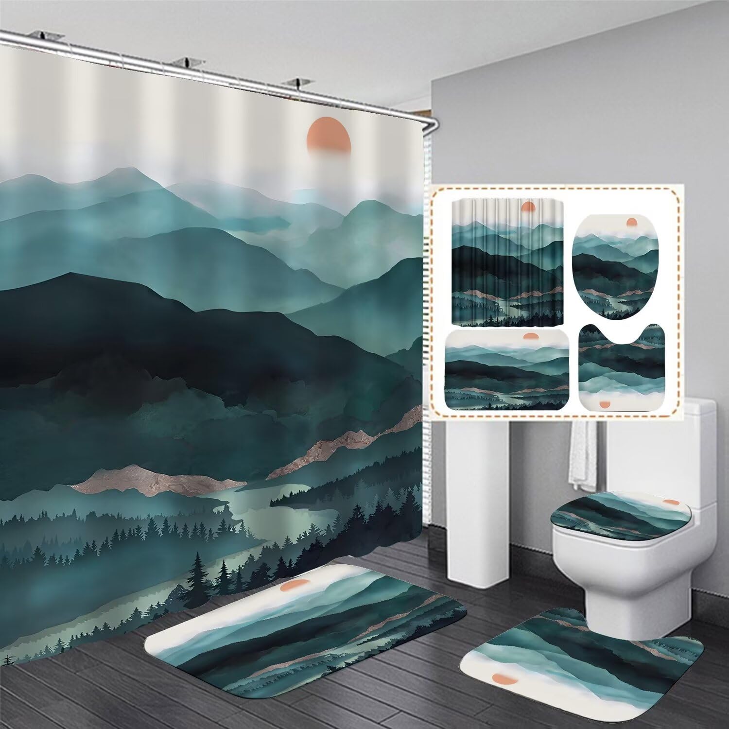 DDQQ Teal Mountain Shower Curtain Set with Rugs, Non-Slip Bathroom Mat Bath Mat Toilet Rug, Watercolor Misty Forest Shower Curtain with 12 Hooks, Fabric Bath Curtain for Bathroom