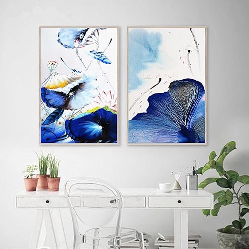 Miniatura 6 de Lienzo azul abstracto e impresiones artísticas Lotus Pond Goldfish lienzo impreso imágenes decoración del hogar moderno 20x30cmx2 sin marco