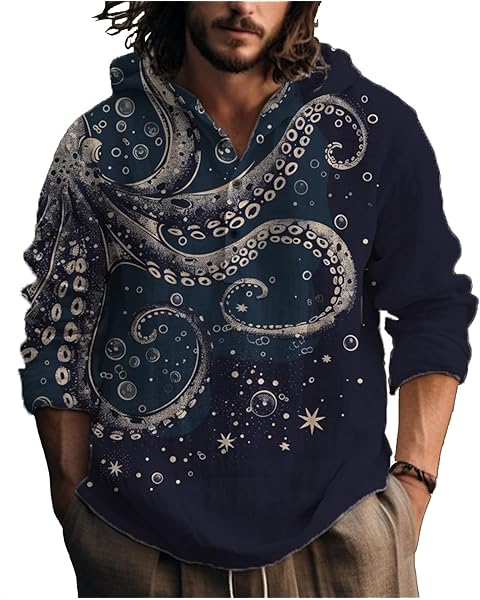 MARSVOVO Hooded Long Sleeve Shirt Men Fashion Graphic Button Up Lightweight Big and Tall Casual Vacation Shirts for Men