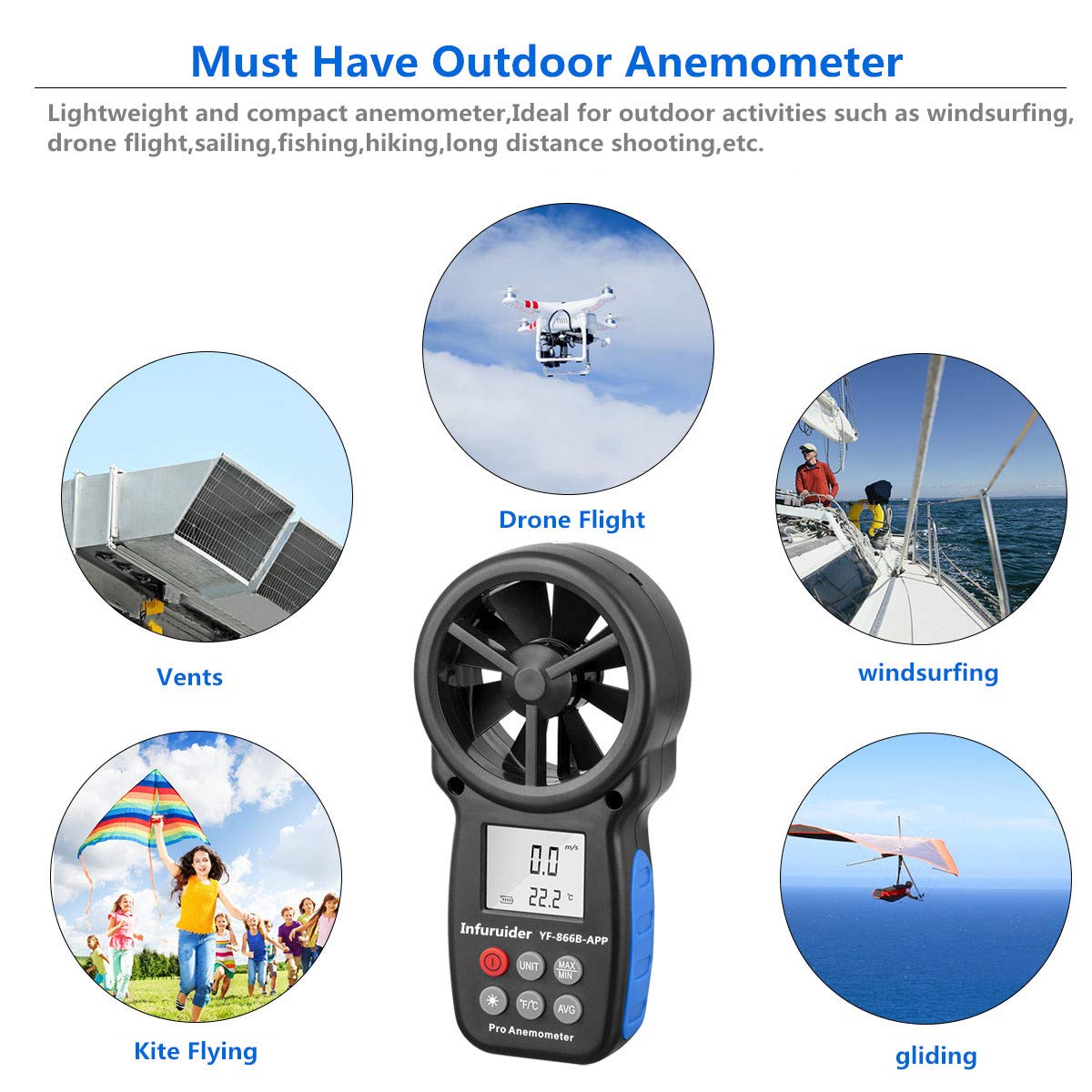 INFURIDER Digital wireless Anemometer with APP via Bluetooth,YF866APP Handheld Wind Speed Meter