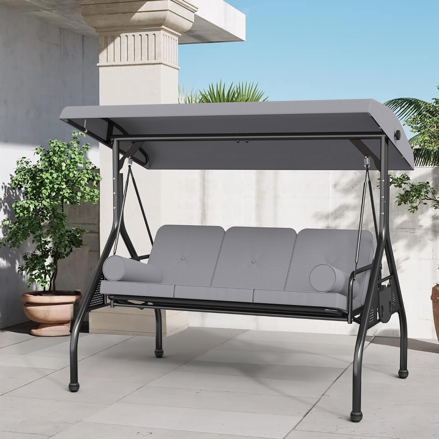 Crownland 3-Seat Patio Porch Swing with Adjustable Tilt Canopy, Outdoor Bench Swing with Removable Cushions, Cup Holder and Pillow for Garden, Poolside, Balcony, Backyard(Grey), Gray