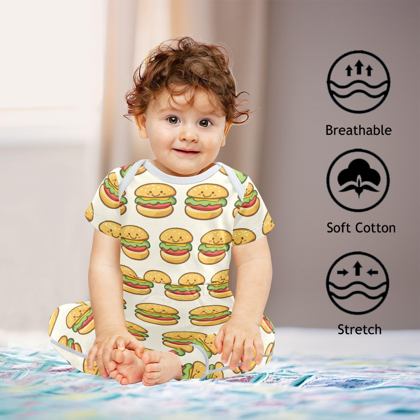 vvfelixl Baby Layette Sets Clothes,Cute Fun Hamburger Baby Bodysuits Set,Unisex Babys Pants Sets Short Sleeve 12-18M