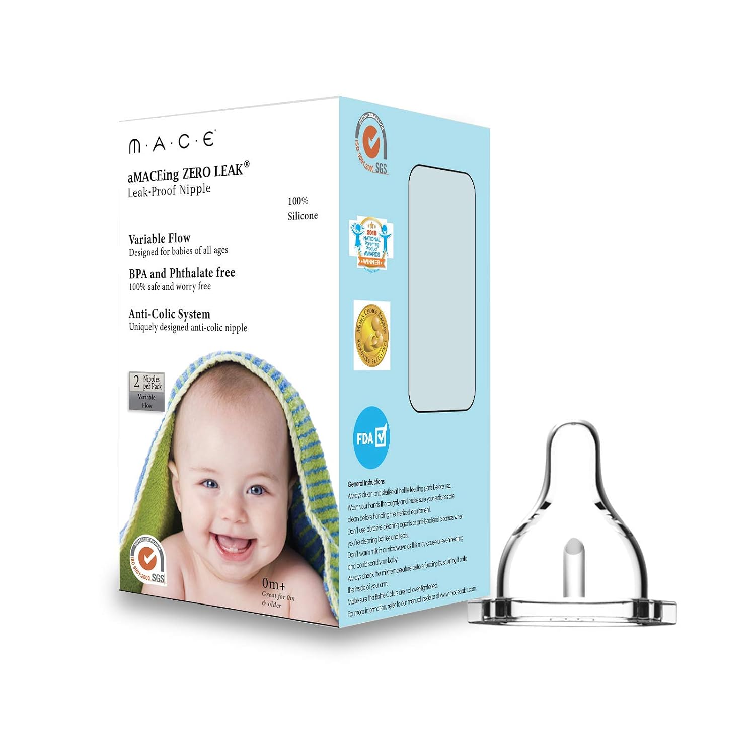 Made in USA aMACEing Zero Leak® Nipple with Anti-Colic Vent and Variable Flow (2 Pcs)