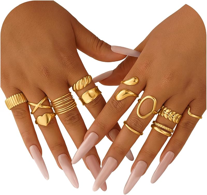 12 PCS Hypoallergenic Chunky Gold Rings for Women Non Tarnish - 14K Gold Plated Stackable Open Rings for Women Dainty Gold Thick Finger Ring Set Trendy Jewelry Gift