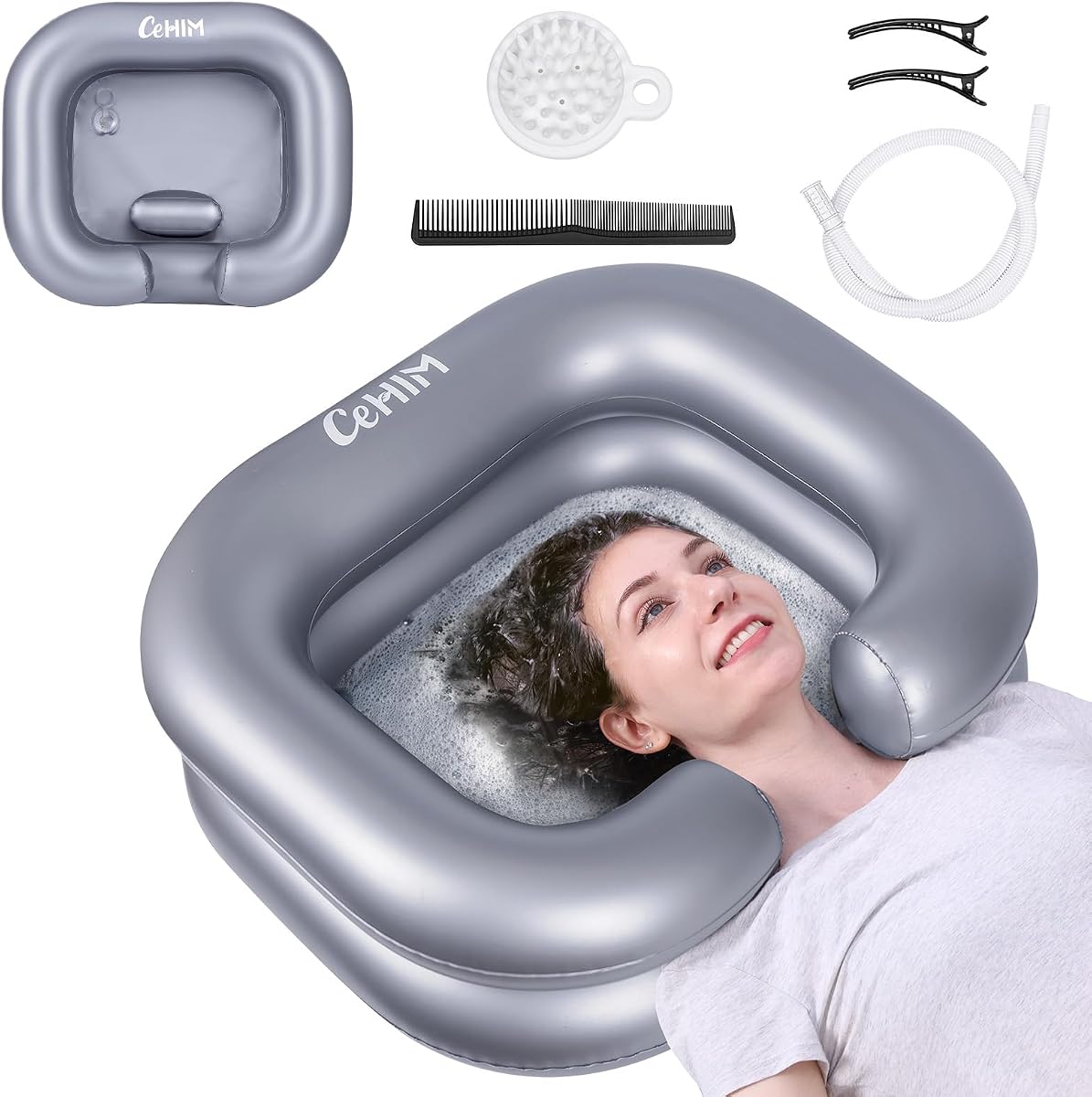 Lavabo de champú inflable: cuenco de champú portátil, lavabo para lavar el cabello para postrados en cama, discapacitados, heridos, bañera para lavar el cabello para rastas y lavado de fregadero en casa