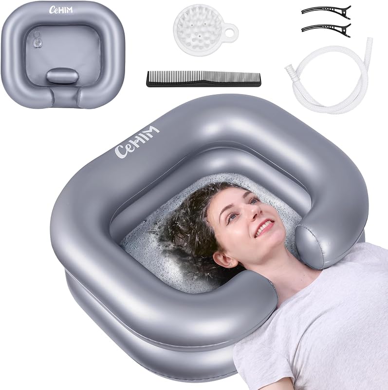 Lavabo de champú inflable: cuenco de champú portátil, lavabo para lavar el cabello para postrados en cama, discapacitados, heridos, bañera para lavar el cabello para rastas y lavado de fregadero en casa