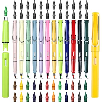CHENGCKJ Pack of 12 Colorful Eternal Pencils, Pencils with 48 Interchangeable Heads and Eraser, Inkless Pencils Set, Infinit