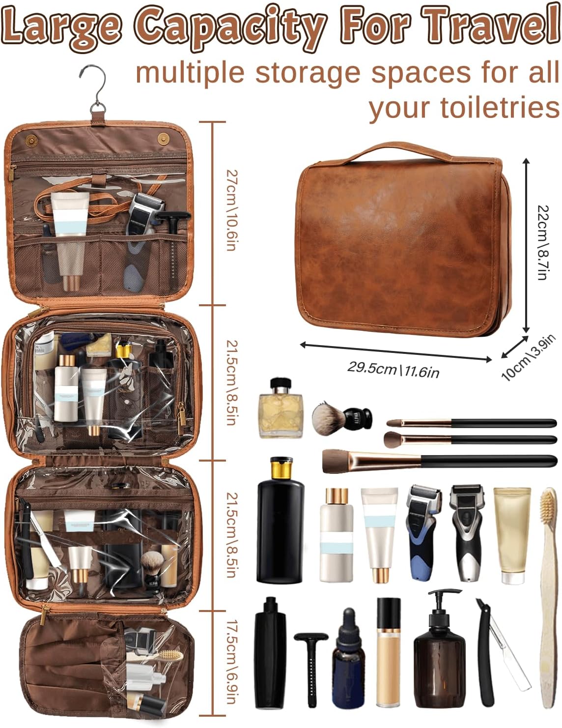 3-in-1 Extra Large Personalized Toiletry Bag For Men, Custom Engraved Leather Travel Organizer Bag, Engraved Name Waterproof Travel Kit & Gifts for Him Husband Father (Father's Day, Christmas)