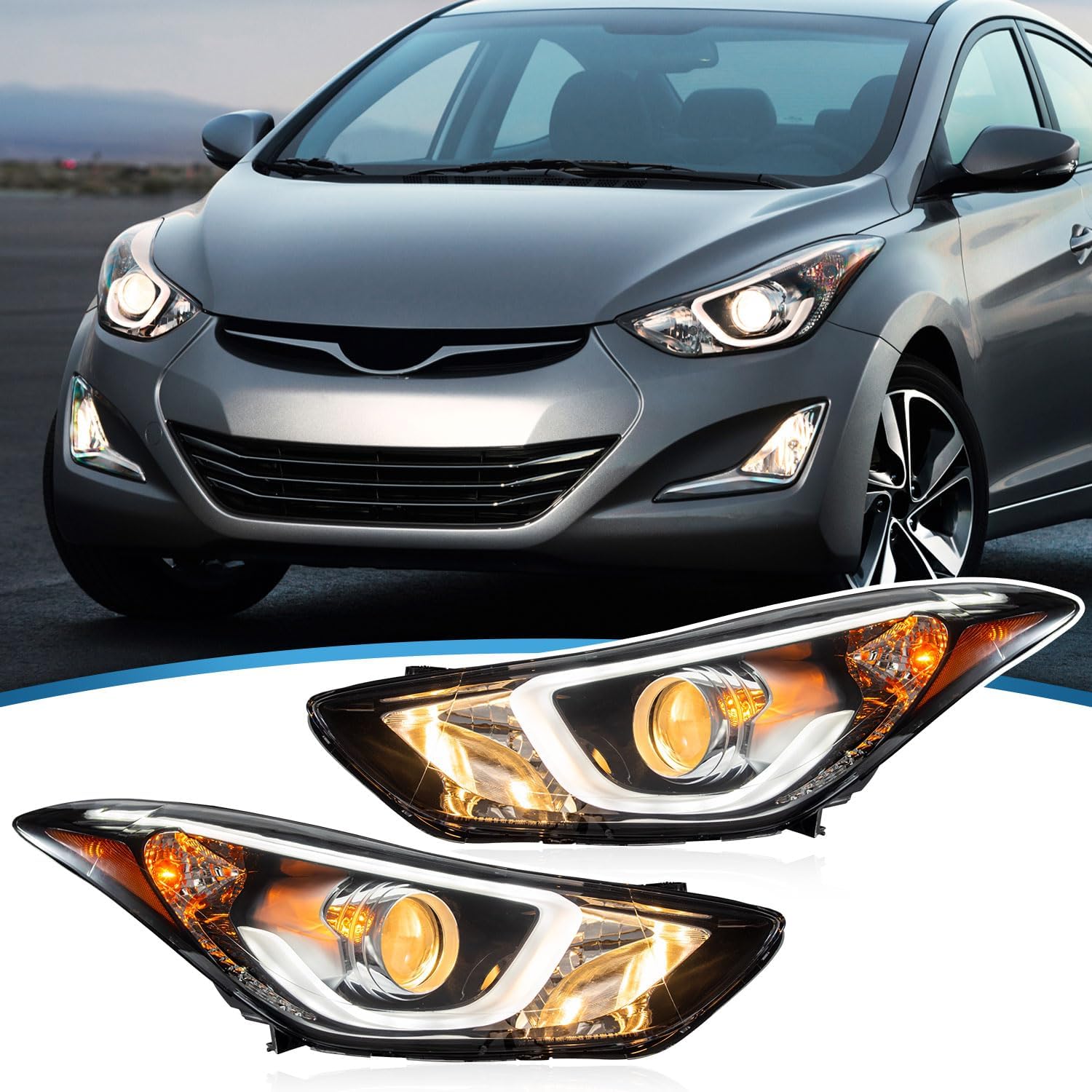 Compatible with 2014 2015 2016 Hyundai Elantra Sport/Limited Headlight Halogen & Reflection Bowl Type with LED Daytime Running Lamp 92101-3Y510 92102-3Y510