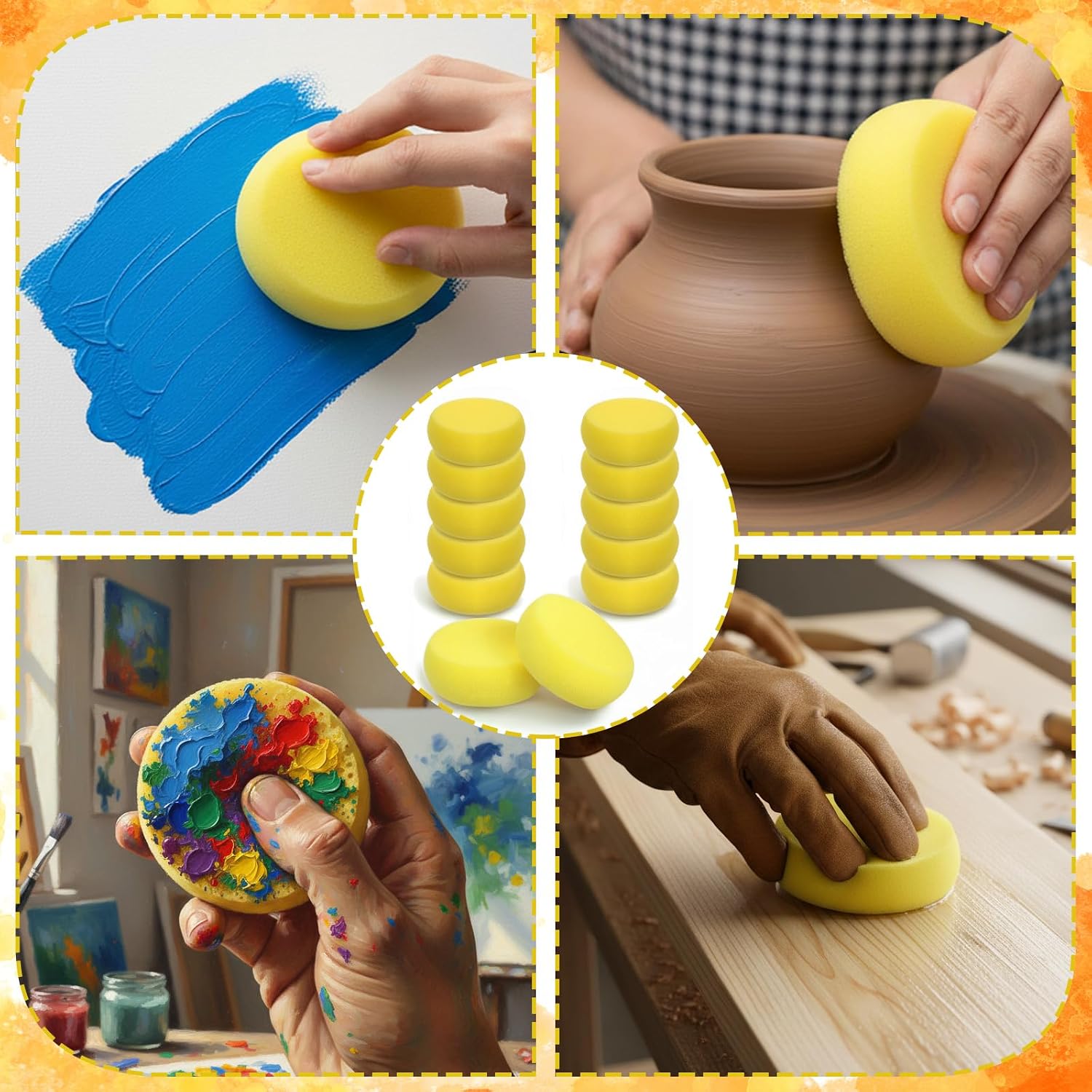 12 Pcs Round Painting Sponge, 3in Yellow Artist Pottery Sponges Clay Sponge for Painting, Car Waxing, Washing Dishes & Ceramic Care
