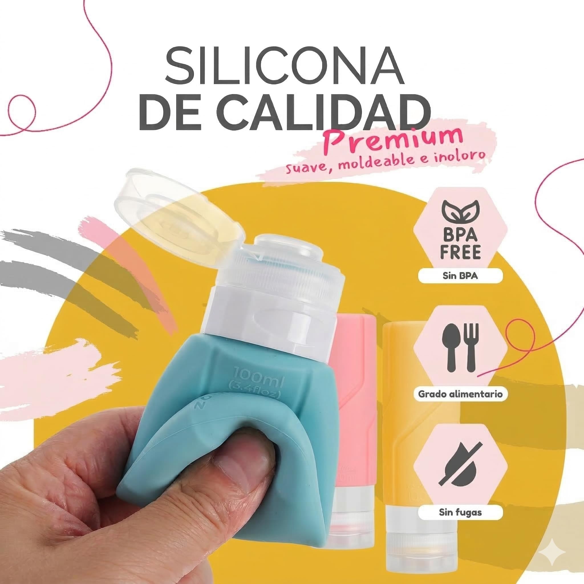 Bottiglie da viaggio ricaricabili 90 ml, in silicone flessibile, senza perdite, senza BPA, pressabili, apertura larga, ideali per viaggi, campeggio, spiaggia, aereo - Per gel e