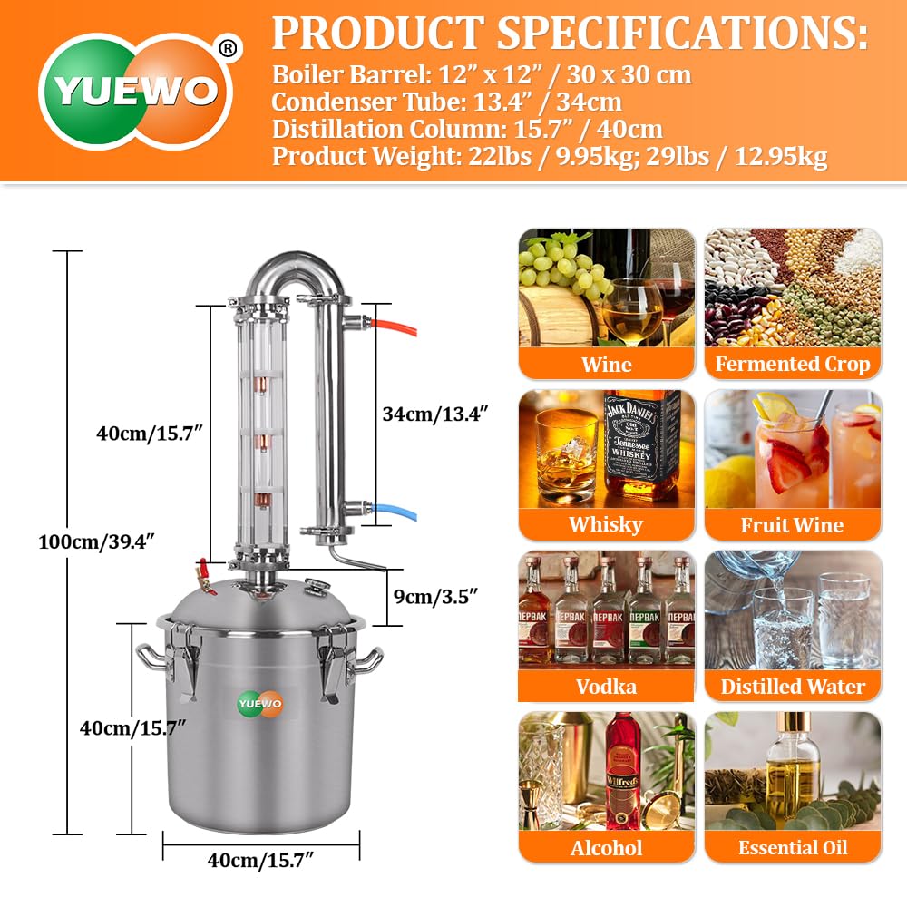 YUEWO Alcol Still 5.8GAL/13.2GAL In Acciaio Inox Alcol Distillatore Home Brewing Distilleria Kit Con 2 "colonna Di Cristallo Still Per Fai Da Te Whisky Wine Brandy Gin (13.2GAL/50L)
