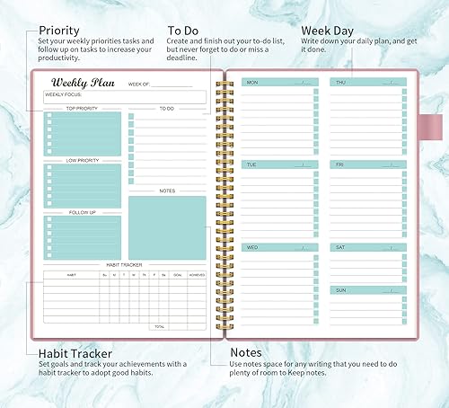 Miniatura 9 de Agenda semanal sin fecha, agenda semanal de objetivos, lista de tareas pendientes, calendarios, organizadores, seguimiento de hábitos, diario para