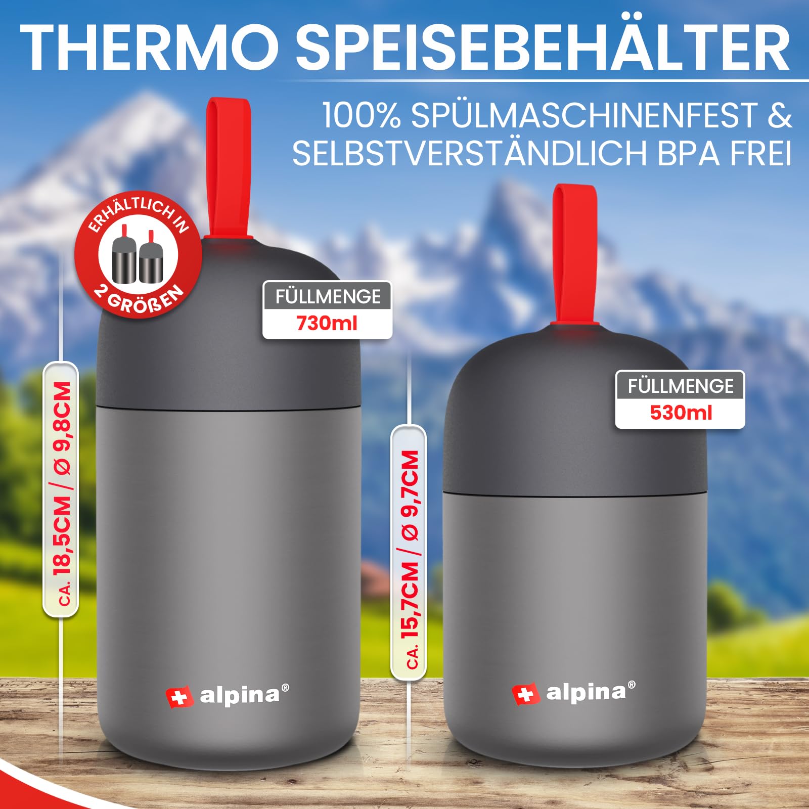 alpina contenitori ermetici per alimenti – tazza termica 730 ml lavabile in lavastoviglie con compensazione pressione - Cibi caldi e freddi a lungo I Borraccia termica in acciaio inox senza BPA