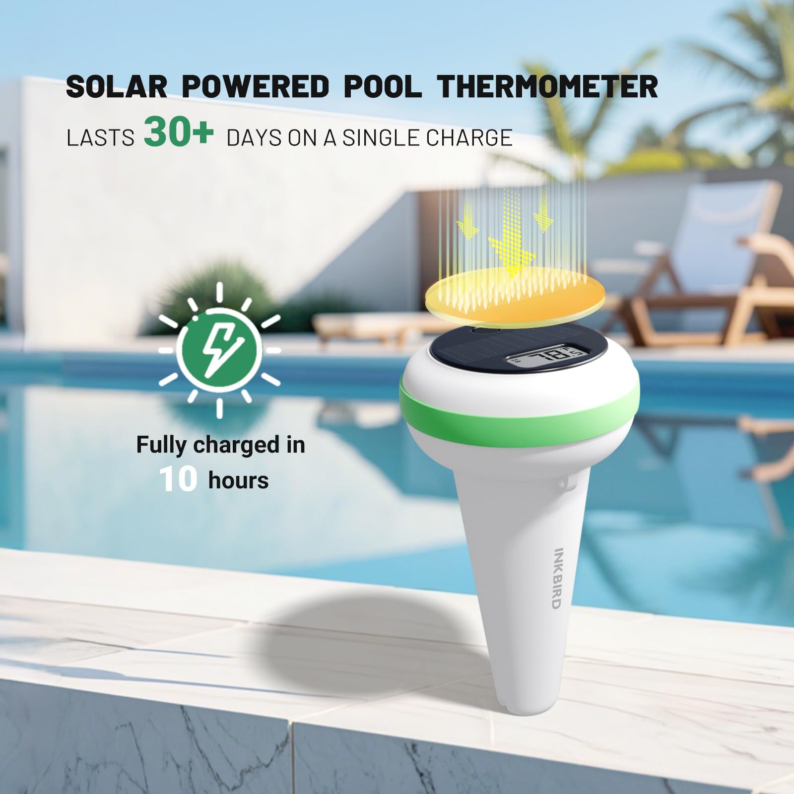 INKBIRD Solar Powered Floating Pool Thermometer, Wireless Digital Thermometer, IP68 Waterproof with Indoor Temperature Humidity Monitor, for Swimming Pool, IBS-P03R 2nd