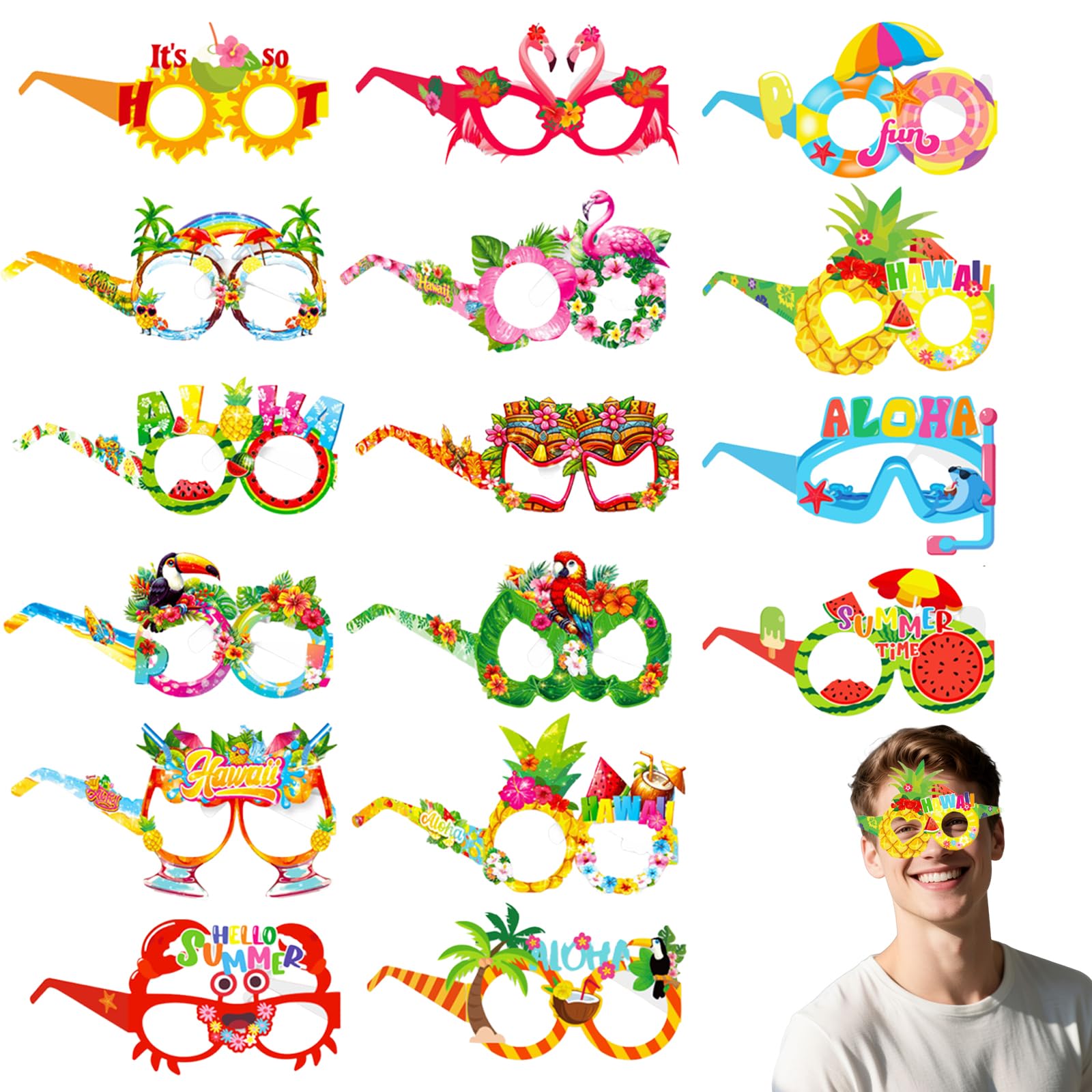 Mtbricey 16 Pieces Beach Pool Party Eyeglasses Decor Summer Tropical Luau Paper Glasses Hawaiian Party Decorations Novelty Pool Photo Booth Props for Birthday Party Carnival Mardi Gras Supply Decor