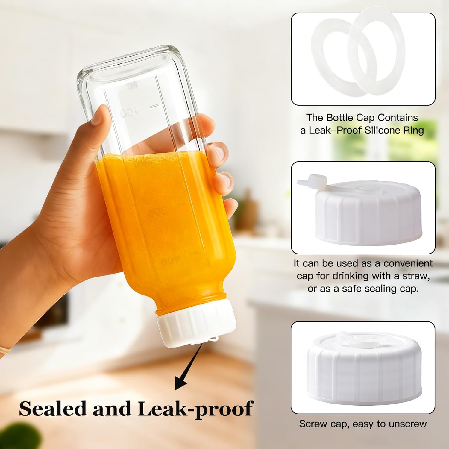 Ruckae 16oz 8 Pack Glass Juice Bottles with Lids - Reusable Square Glass Juice Bottles with Leak-Proof Lid & Capacity Marks for Containers Juicing,Milk,Smoothies - Image 2