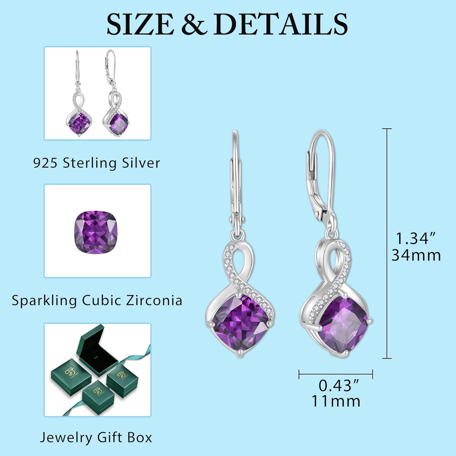 FJ Princess Cut Dangle Drop Earrings 925 Sterling Silver Infinity Leverback Earrings Birthstone Jewelry Gifts for Women - Image 6