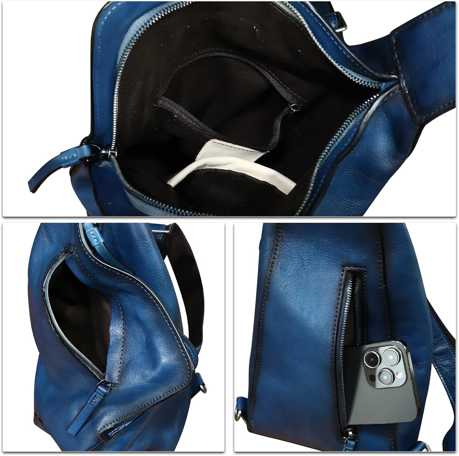 Genuine Leather Sling Bag for Men and Women Vintage Desinger Chest Over Shoulder Crossbody Bag Sling Backpack Purse (Blue)